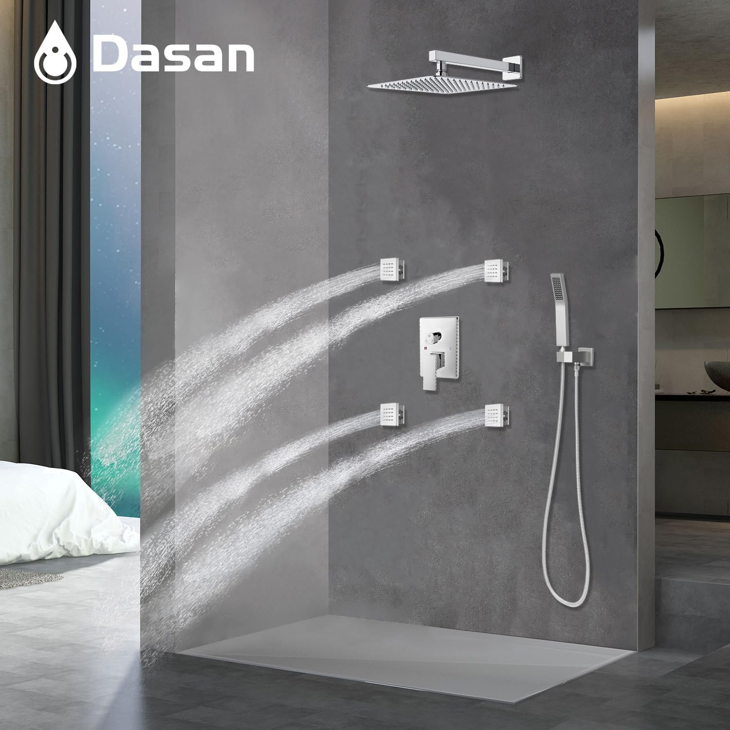Full Body Rain Shower System with 4 Body Shower Jets & 12'' Wall Mount Rainfall Shower Head & Handheld, DASAN Multi Shower Head System Chrome Rain Shower Faucets sets Combo with Rough-in Valve