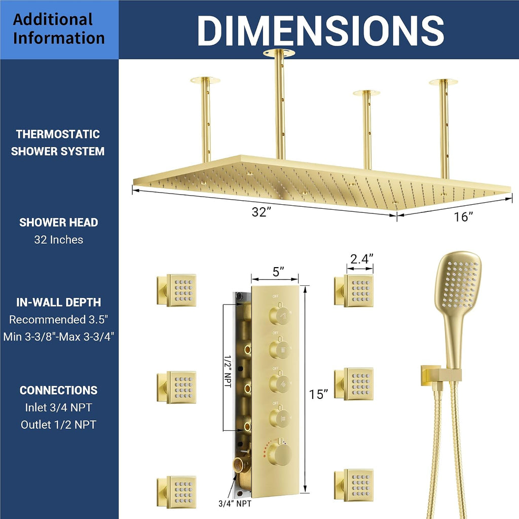 32' Luxury Thermostatic Full Body Shower System with 32-Inch Mist & Rainfall Shower Head & 6 Body Jets, Handheld, JetsBath Brushed Gold Two Person Shower Faucet Set, Smart Shower System for Couples