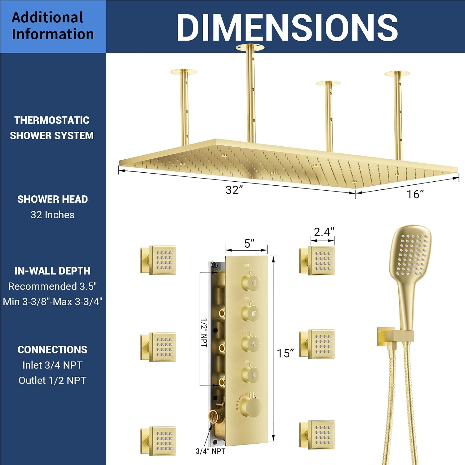 32' Luxury Thermostatic Full Body Shower System with 32-Inch Mist & Rainfall Shower Head & 6 Body Jets, Handheld, JetsBath Brushed Gold Two Person Shower Faucet Set, Smart Shower System for Couples
