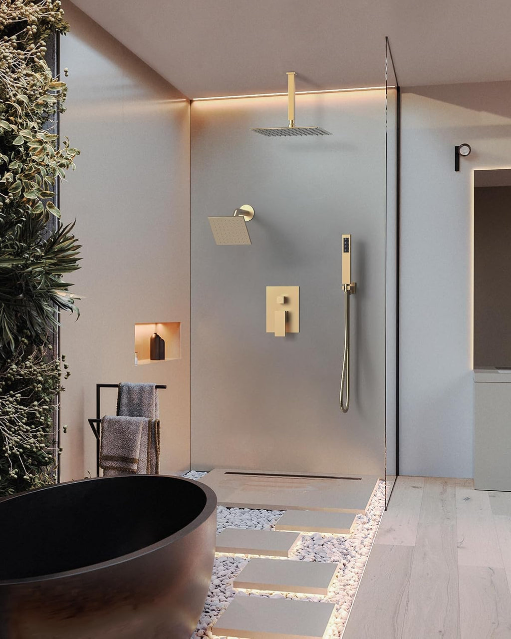 Brushed Gold 3-Function Shower System with 10' Rainfall & 6' Secondary Shower Head, Handheld Combo Set, Wall Mounted cUPC Certified Pressure Balance Valve