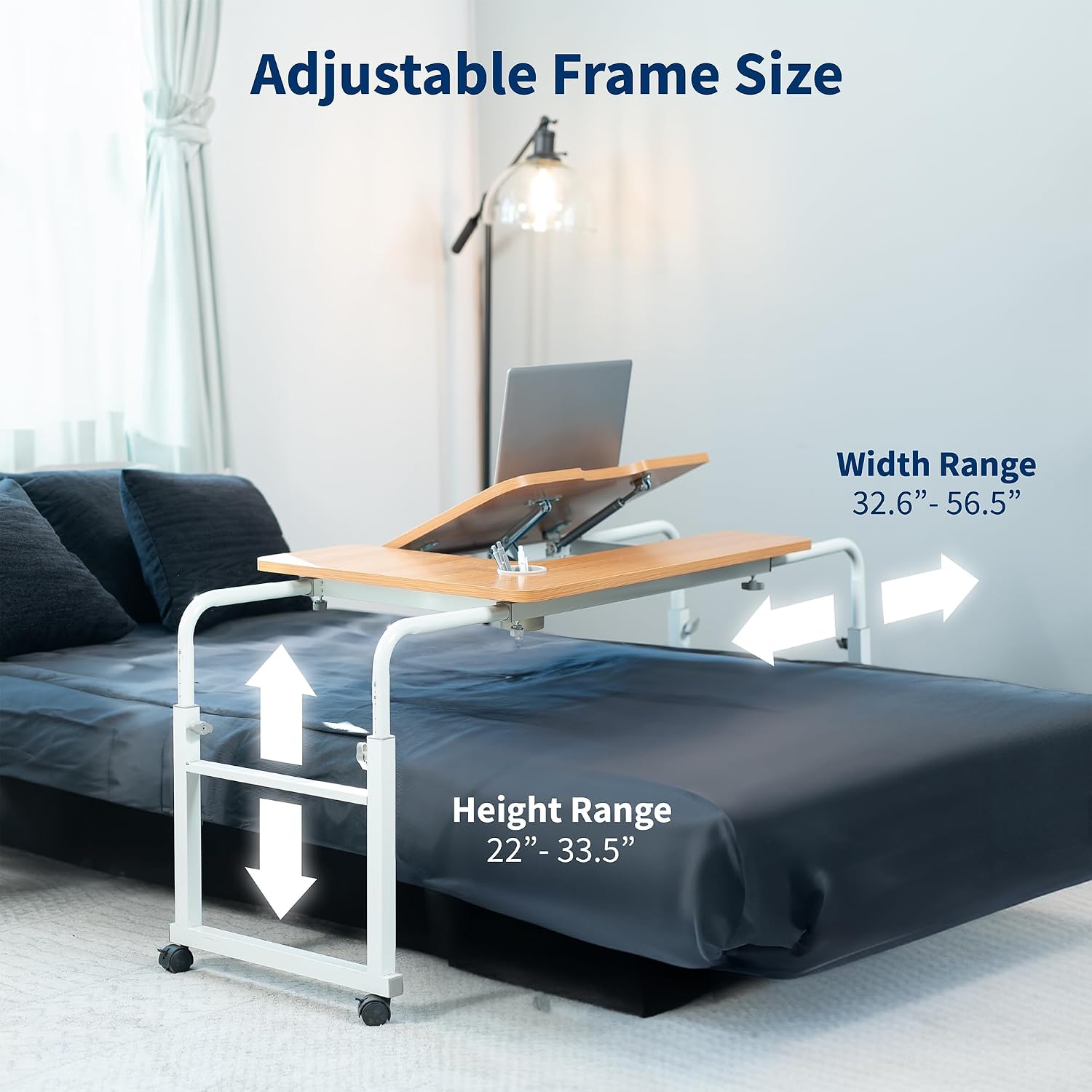 VIVO Mobile Over the Bed and Recliner Table, Tilting Laptop Tray with Height and Length Frame Adjustment, Ergonomic Overbed Kids and Adult Desk on Wheels, Light Wood, DESK-V202A
