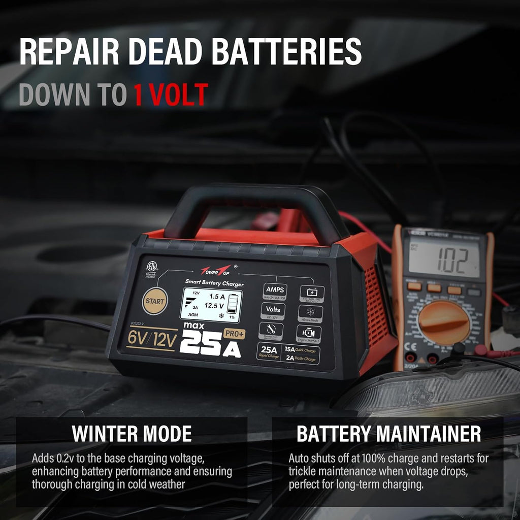 TowerTop 25A Pro+ Battery Charger, 6V/12V Car Battery Charger Fully Automatic Smart Battery Maintainer with Engine Start, Auto Desulfator, Battery Repair, for All Lead-Acid, AGM and LiFePO4 Batteries