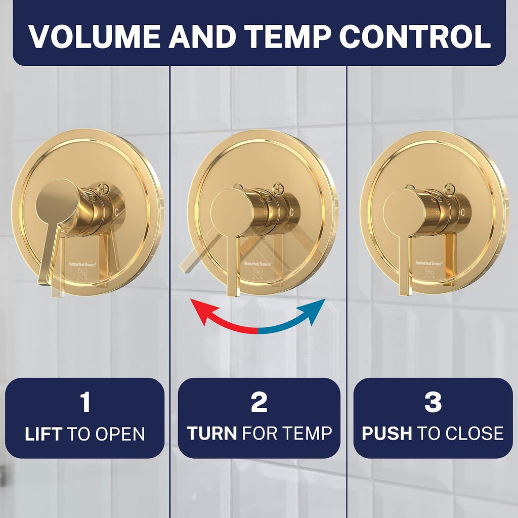 HammerHead Showers Solid Metal Single-Handle Trim Kit with Rough-In Shower Valve, Volume and Temperature Control, Pressure Balance, Polished Brass