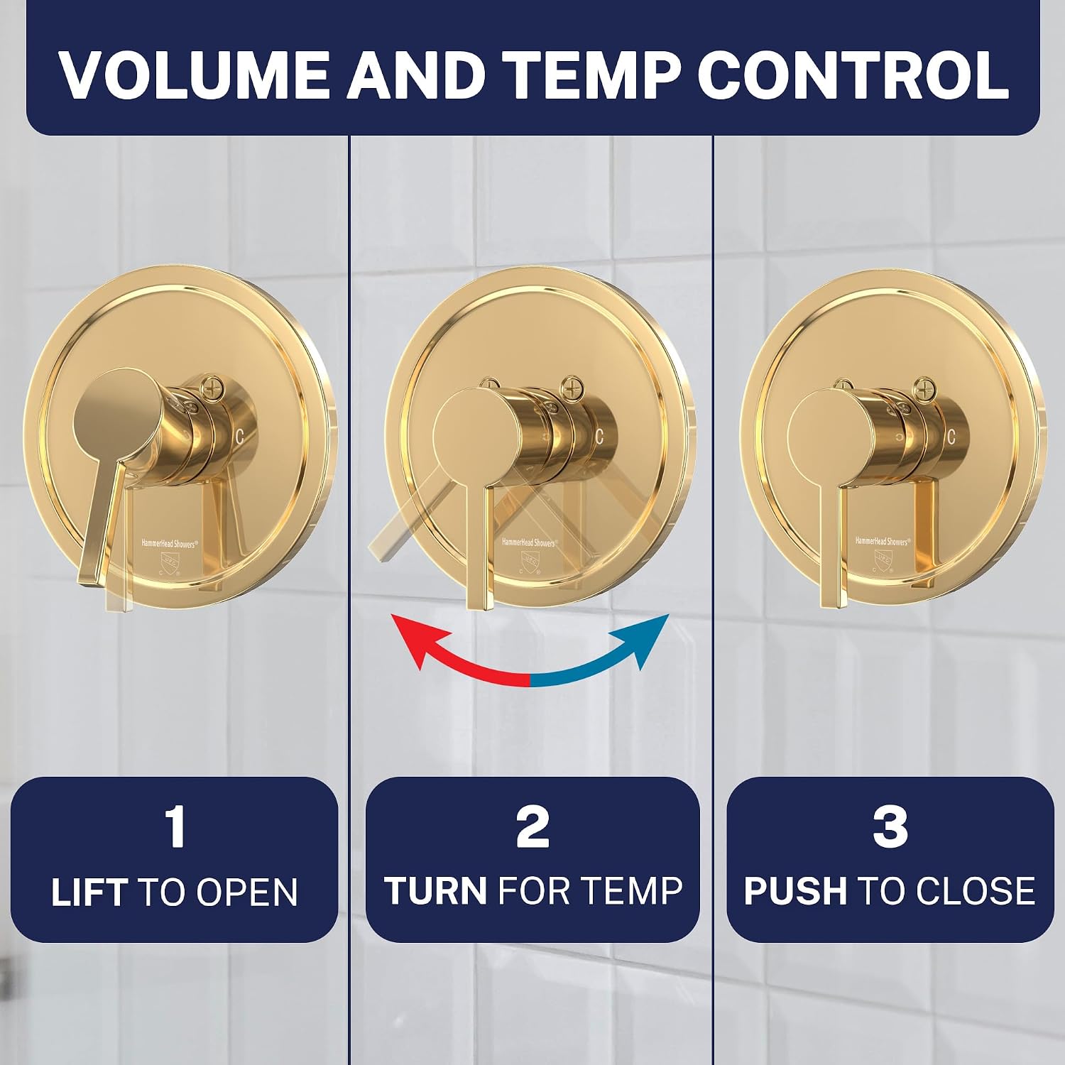 HammerHead Showers Solid Metal Single-Handle Trim Kit with Rough-In Shower Valve, Volume and Temperature Control, Pressure Balance, Polished Brass