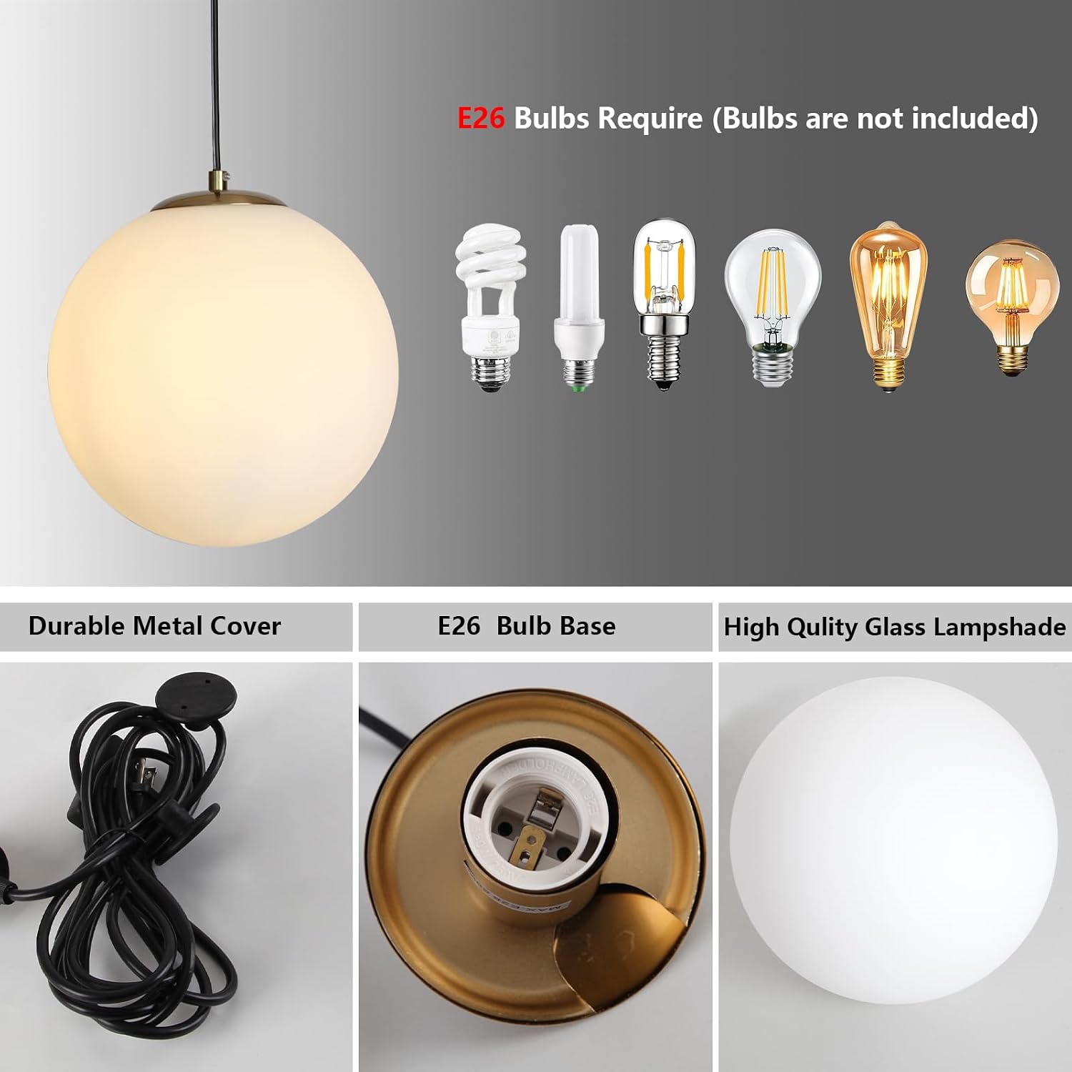 2 Pack Gold Plug in Globe Pendant Lights, Mid Century Light Fixture with Milk Glass, Modern Chandelier, Large Hanging Ceiling Light for Kitchen, Bedroom, Living Room, Dinning Room, Hallway