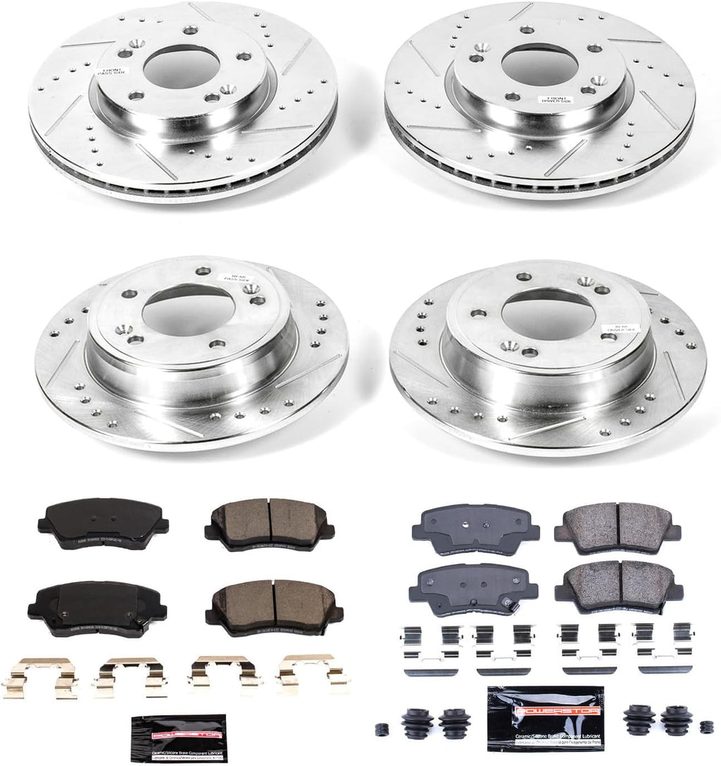 PowerStop Front and Rear Brake Kit for Hyundai Veloster 2017 |Kia Forte 2017-18 |Forte5 2017-18 - Drilled and Slotted Disc Rotors with Carbon-Fiber Ceramic Brake Pads Replacement, K7582