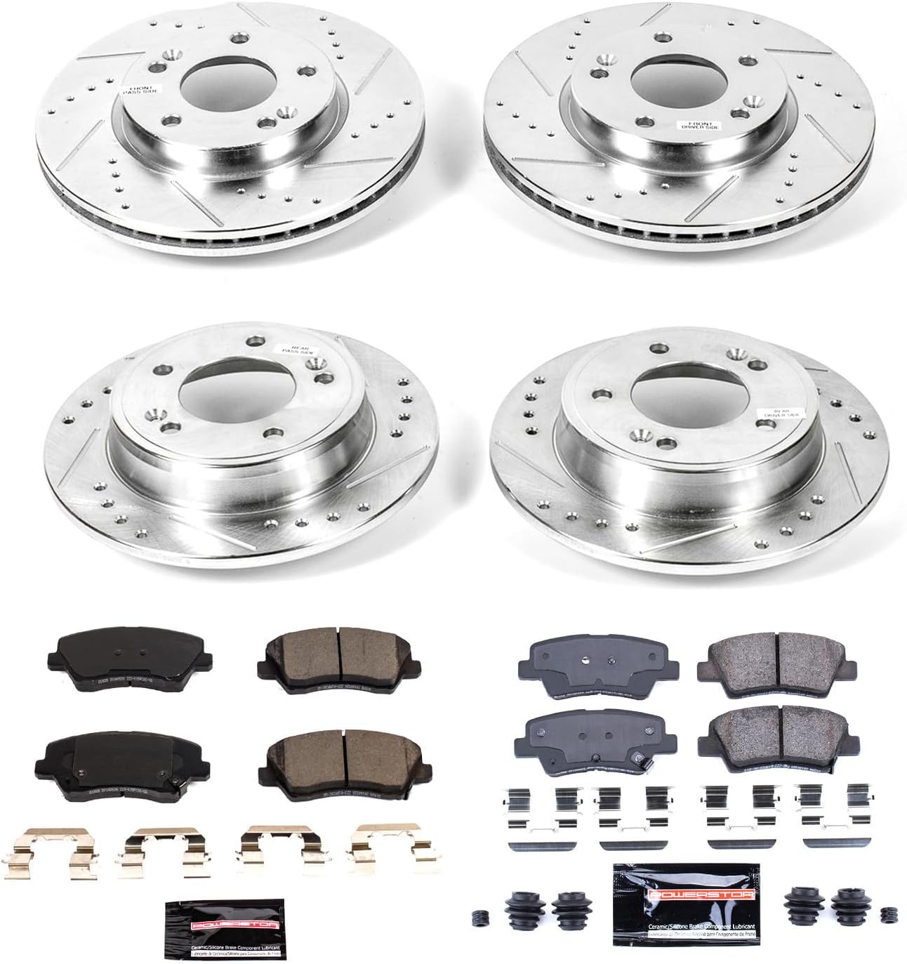 PowerStop Front and Rear Brake Kit for Hyundai Veloster 2017 |Kia Forte 2017-18 |Forte5 2017-18 - Drilled and Slotted Disc Rotors with Carbon-Fiber Ceramic Brake Pads Replacement, K7582