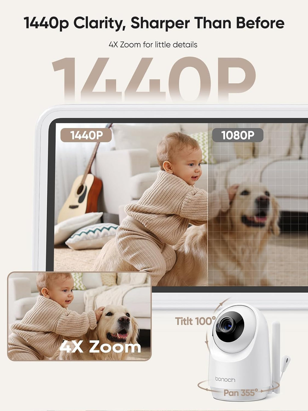 bonoch 5.5' 1440p Baby Monitor with Camera and Audio with Mount, No WiFi Baby Camera, 240h Long-Lasting, Smart Detect Sleep Turn Over/Cry/Motion, 7800mAh, Hack Proof Video Monitor, White Noise