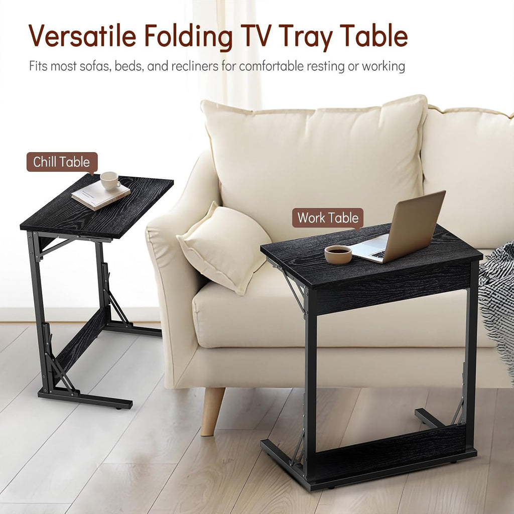 Tatub 24' TV Tray Table Set of 4, Folding C Shaped End Table, Small Sofa Side Laptop Desk for Living Room, Bedroom, Black