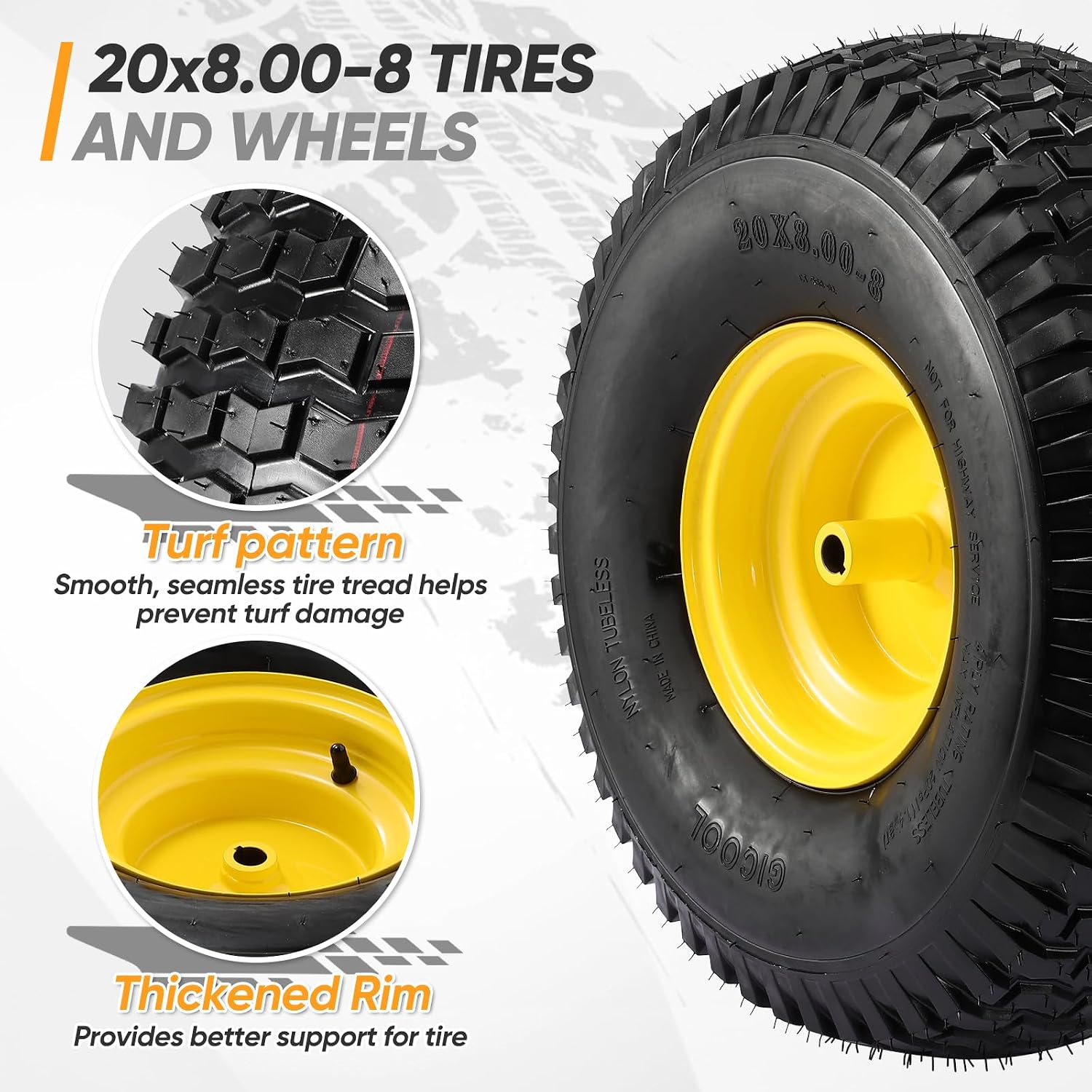 20x8.00-8 Rear Tire and Wheel Assemblies,4 Ply Tubeless Tire Compatible for Riding Lawn Mowers, 3/4' Borehole, 3.5' Offset Hub and 3/16' Keyway, 905lbs Capacity, 2 Pack