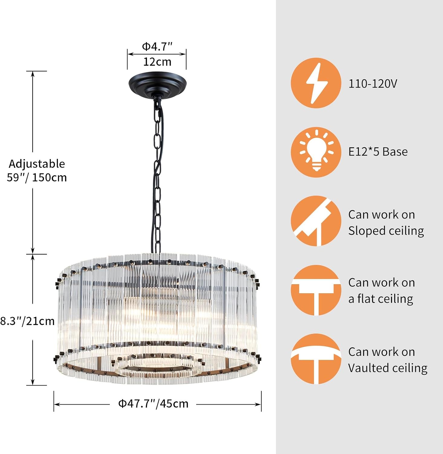 Saint Mossi Modern Glass Chandelier Light Fixture, Doule Layer Drum Pendant Modern Chandelier Lighting with 7-Light, Black Finish