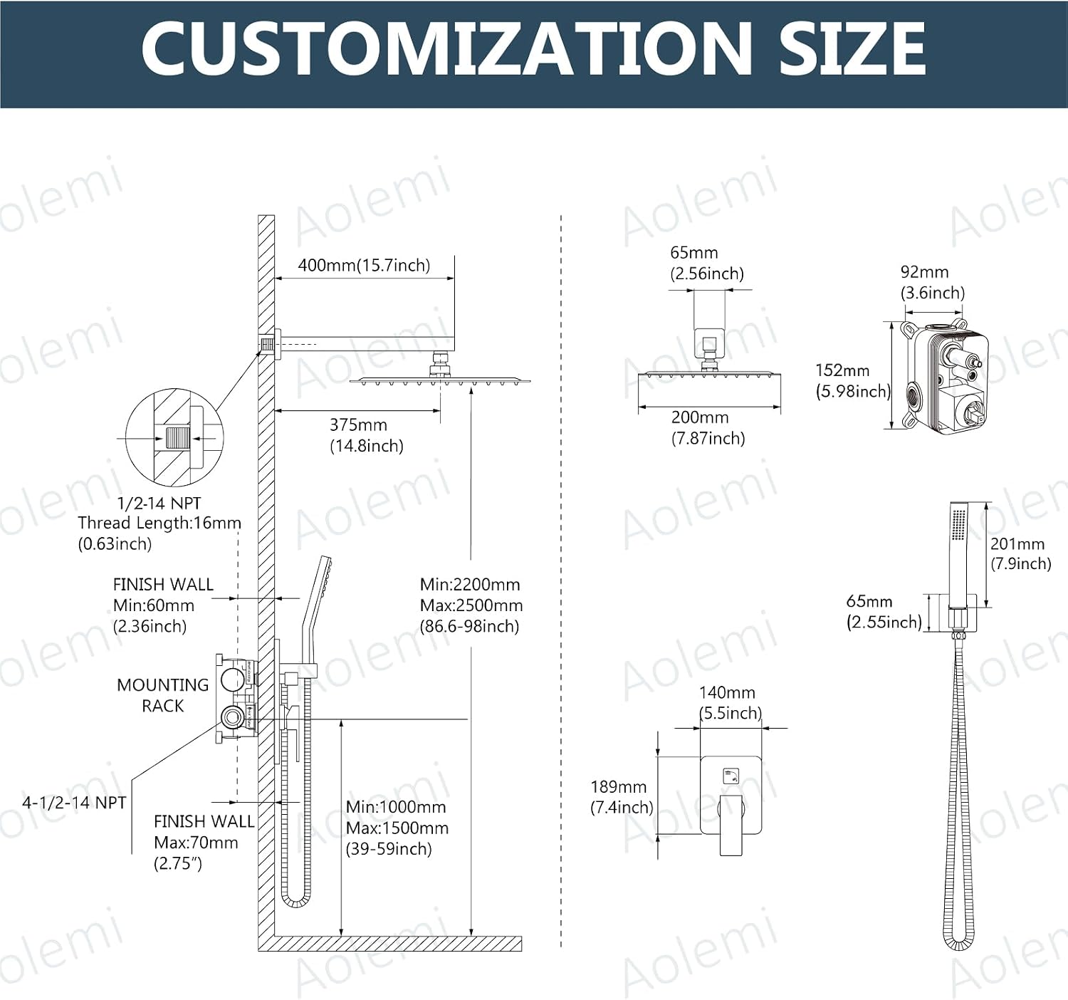 Aolemi Shower Faucet Set Rain Shower System with Handheld Spray Bathroom Shower Combo Rough-in Valve and Shower Trim Kit Included Brushed Gold 8 Inch Wall Mount Shower Head