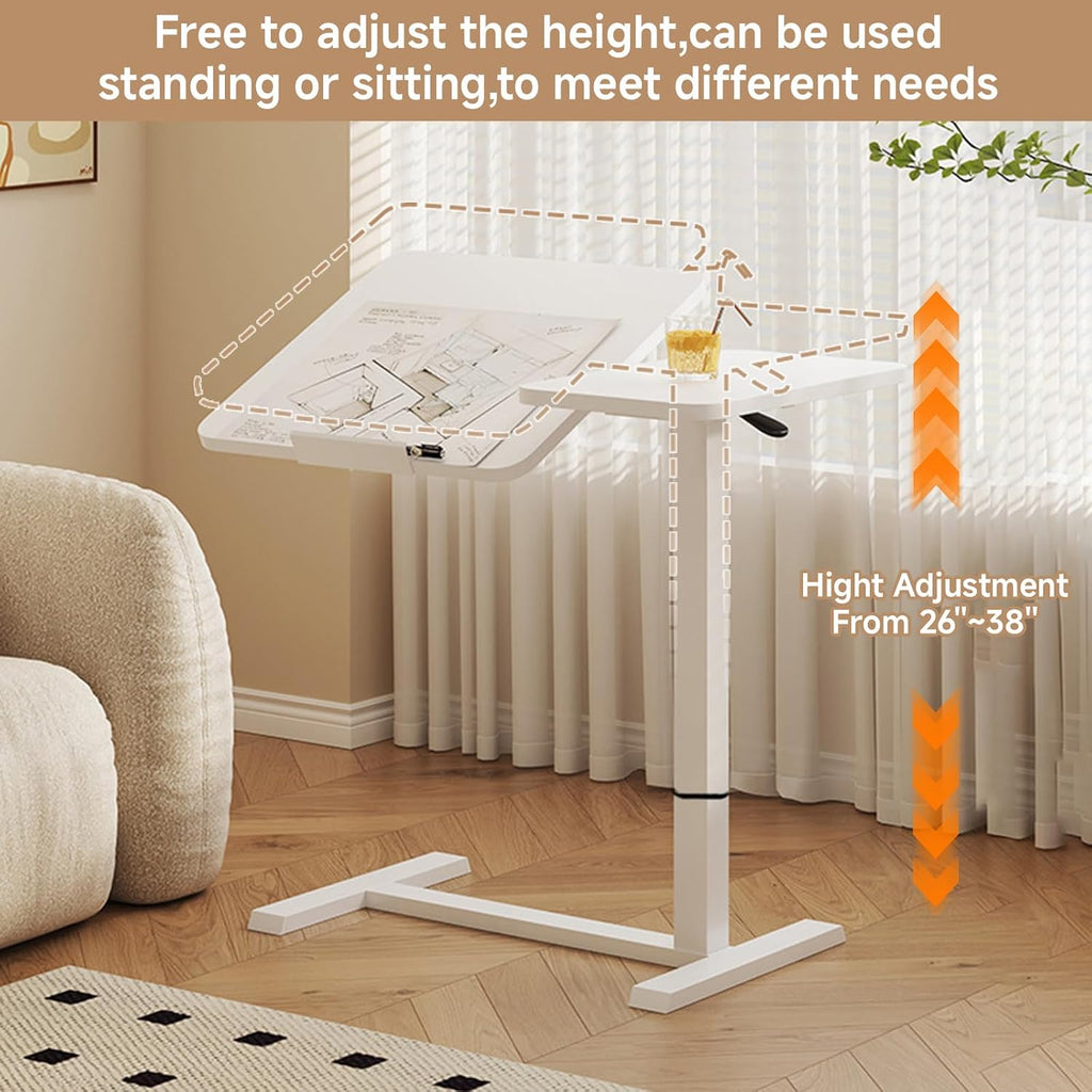 Upgraded Overbed Bedside Desk with Hidden Wheels, Height Adjustable Rolling Laptop Stand with Extended Front Stopper, Tilting Over Bed Table for Bed Sofa, White