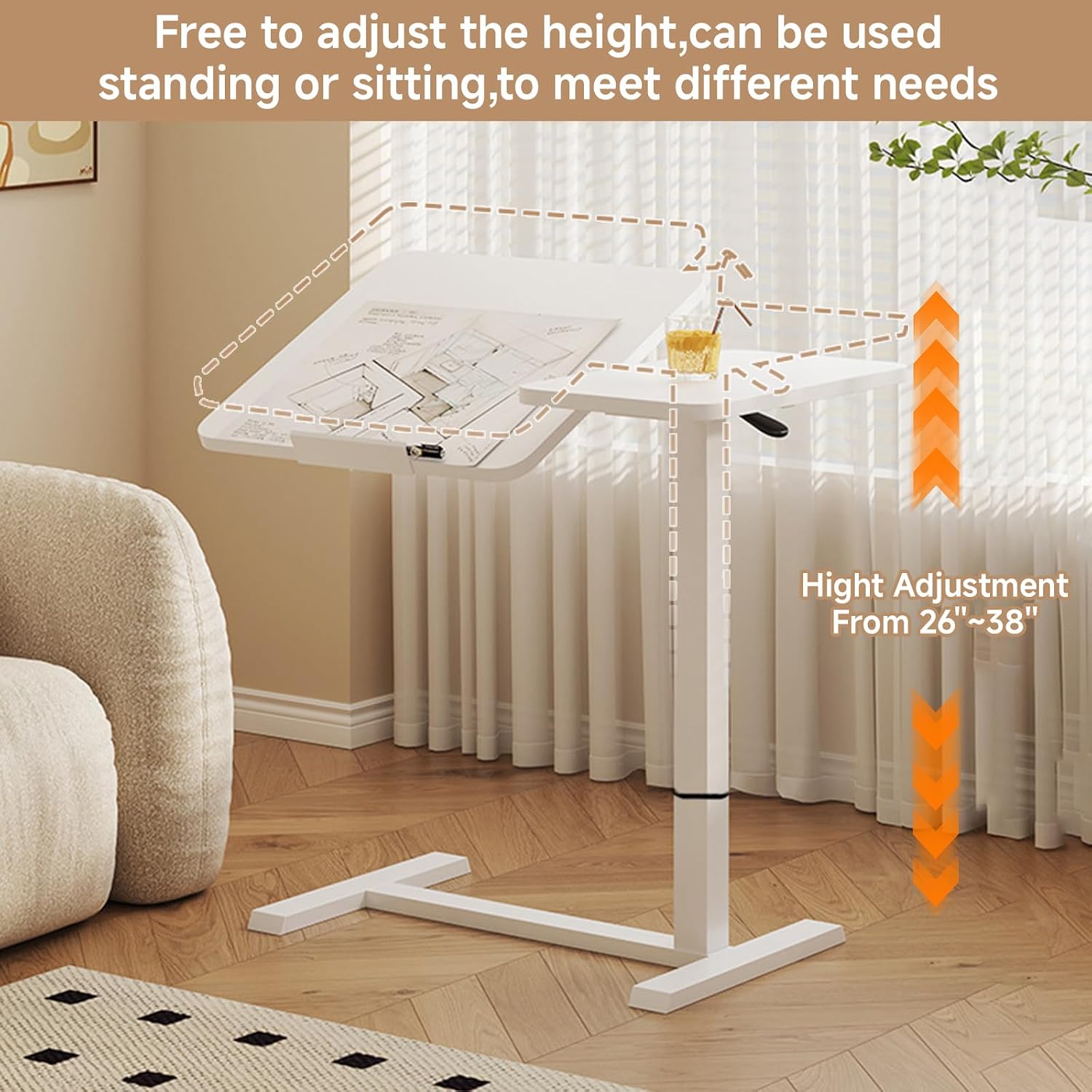 Upgraded Overbed Bedside Desk with Hidden Wheels, Height Adjustable Rolling Laptop Stand with Extended Front Stopper, Tilting Over Bed Table for Bed Sofa, White