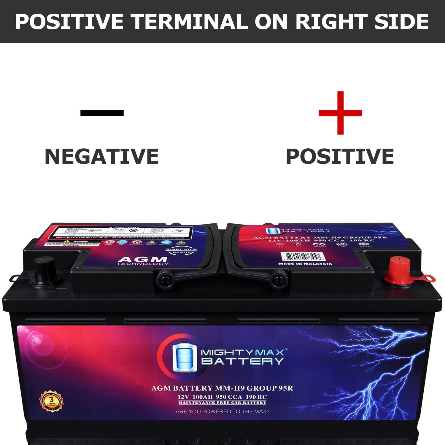 Mighty Max Battery MM-H9 Start and Stop Car BCI Group 95R 12V 100AH, 190RC, 950CCA Rechargeable AGM Car Battery