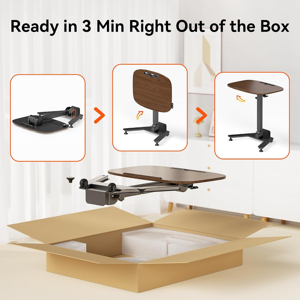 WALKINGDESK Folding Pneumatic Height Adjustable Mobile Standing Desk with 90° Tiltable Tabletop, 27.2x18.9 Inch Portable Laptop Desk with Wheels, Holds Up to 66.1lbs for Home Office, Black Walnut