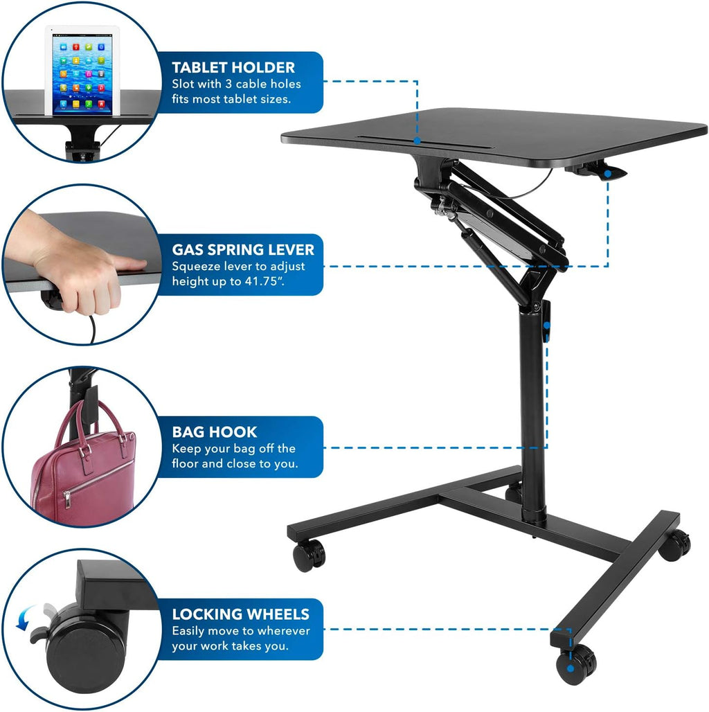 Mount-It! Mobile Standing Desk for Laptop with Wheels, Gas Spring Height Adjustable Rolling Workstation Cart, 27' x 20' Laptop Desk on Wheels, Portable Computer Desk for Home Office, Classroom
