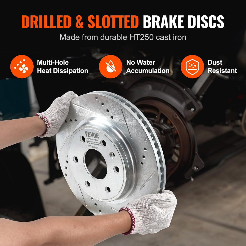 VEVOR Front Brake Kit Compatible with 2007-2017 Chevy Traverse, Buick Enclave, GMC Acadia, Saturn Outlook, Drilled and Slotted Brake Rotors Ceramic Brake Pads Replacement Kit, 12.8' Front Rotors