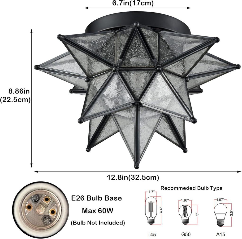 DAYCENT Black Moravian Star Flush Mount Light with Seeded Glass Shade 12.8-Inch Moroccan Star Glass Ceiling Light Fixtures for Bedroom Kitchen Hallway Foyer