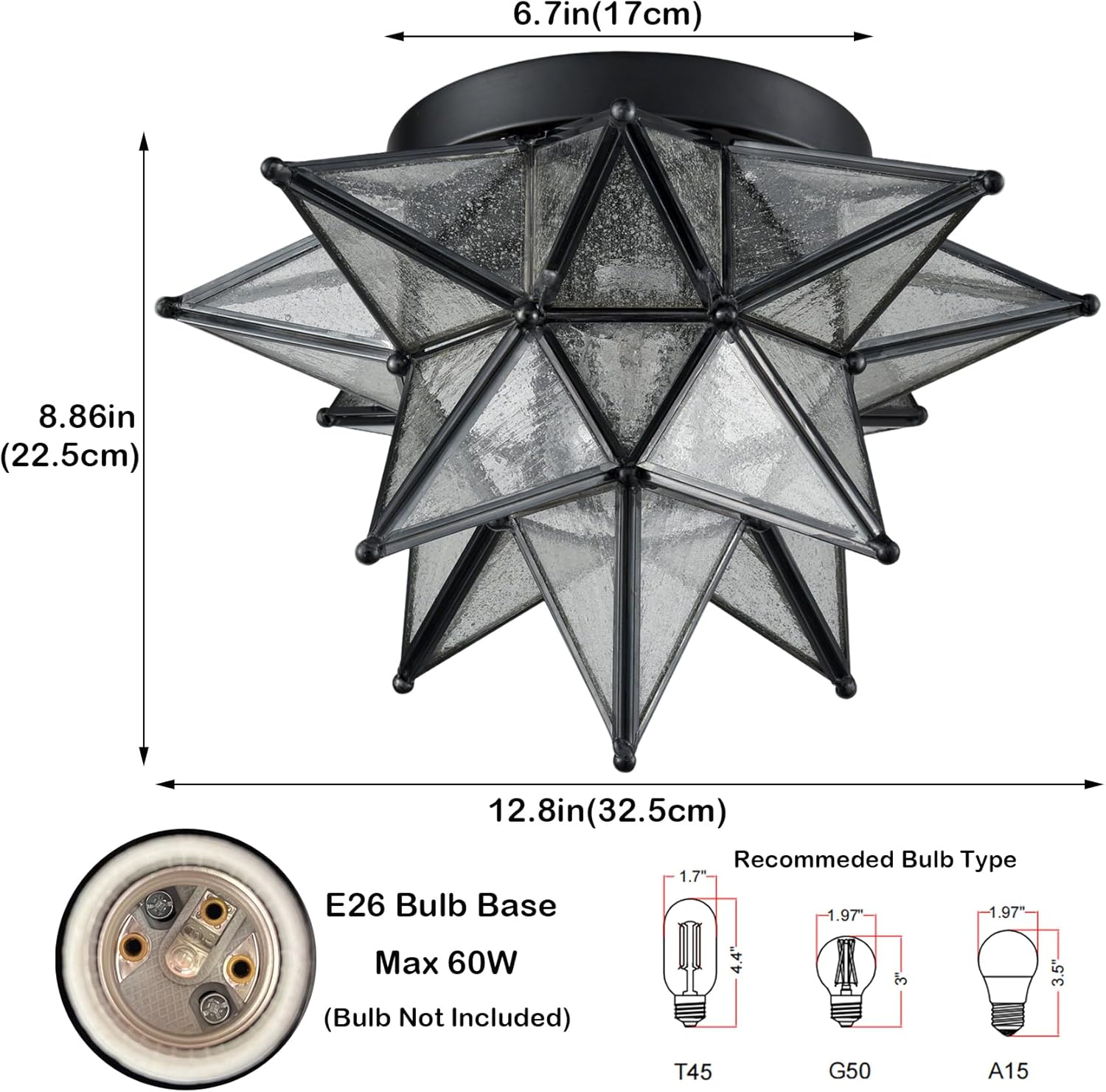 DAYCENT Black Moravian Star Flush Mount Light with Seeded Glass Shade 12.8-Inch Moroccan Star Glass Ceiling Light Fixtures for Bedroom Kitchen Hallway Foyer