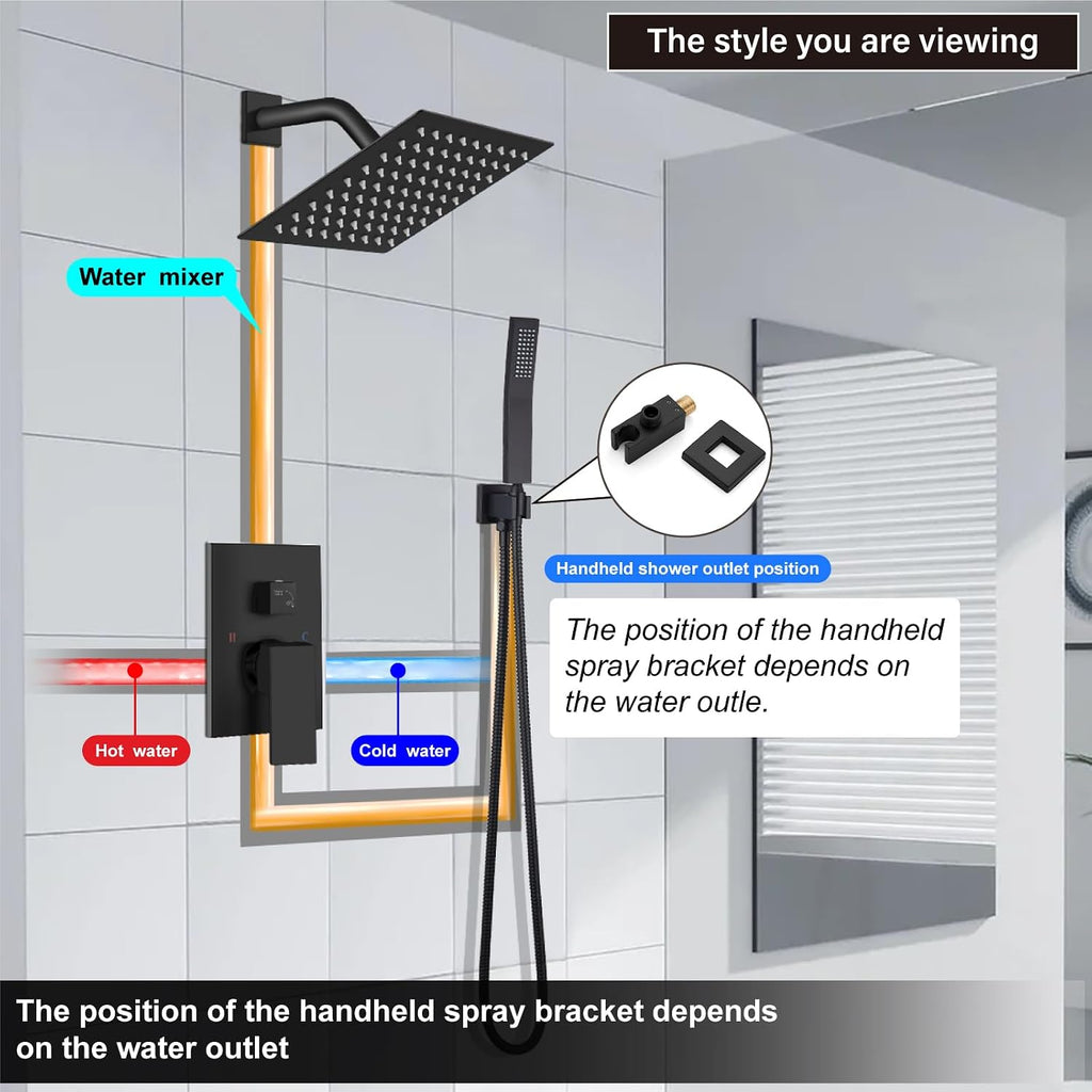 Midanya Shower Faucet Set,Wall Mount Shower System with Square Rain Shower Head and Hand Sprayer, Rough-in Valve Body and Trim Kit Included,8 Inch,Matte Black