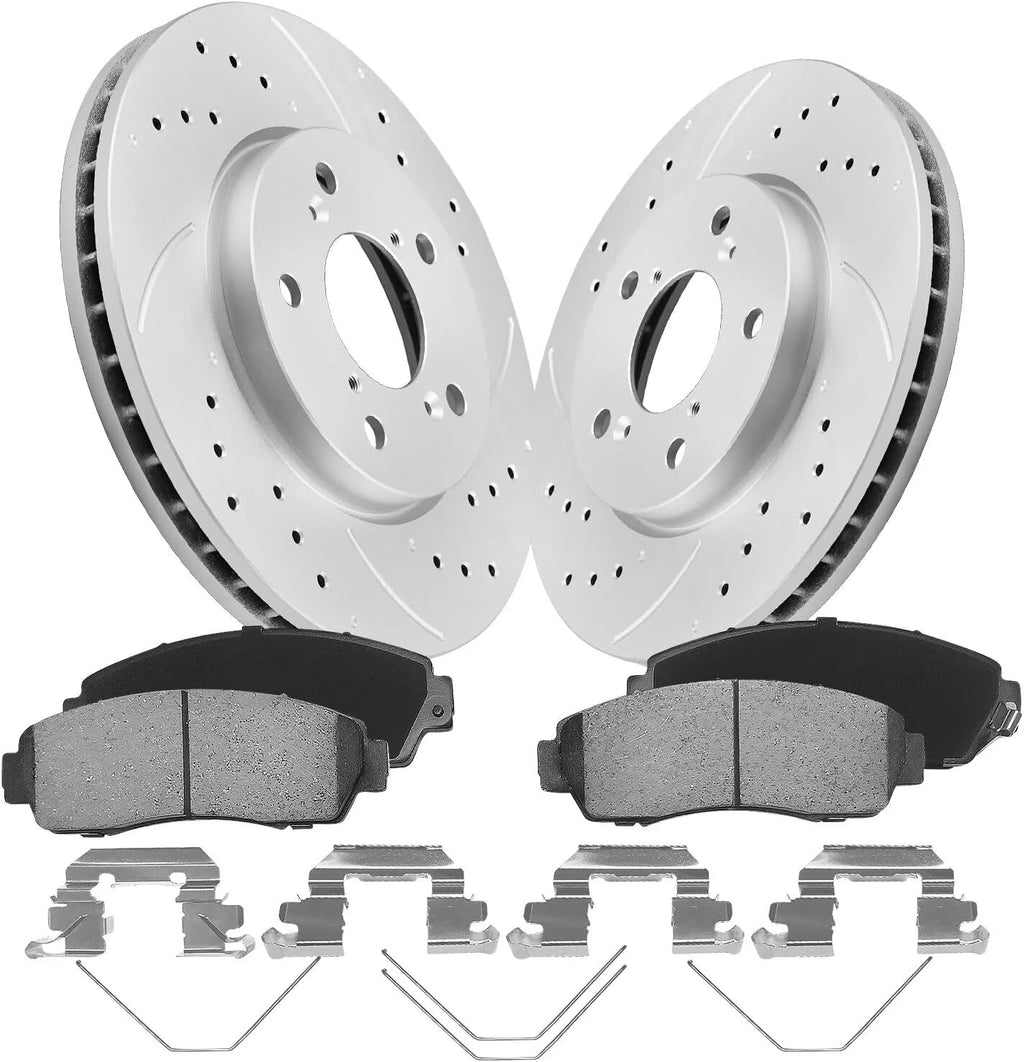 Front Drilled Slotted Rotors Kit Compatible with 2005-2010 Honda Odyssey|Geomet Coated|295.9mm(11.6in)|31368 & D1521-7994 Brake Discs & Ceramic Brake Pads Automotive Replacement Brake Kit