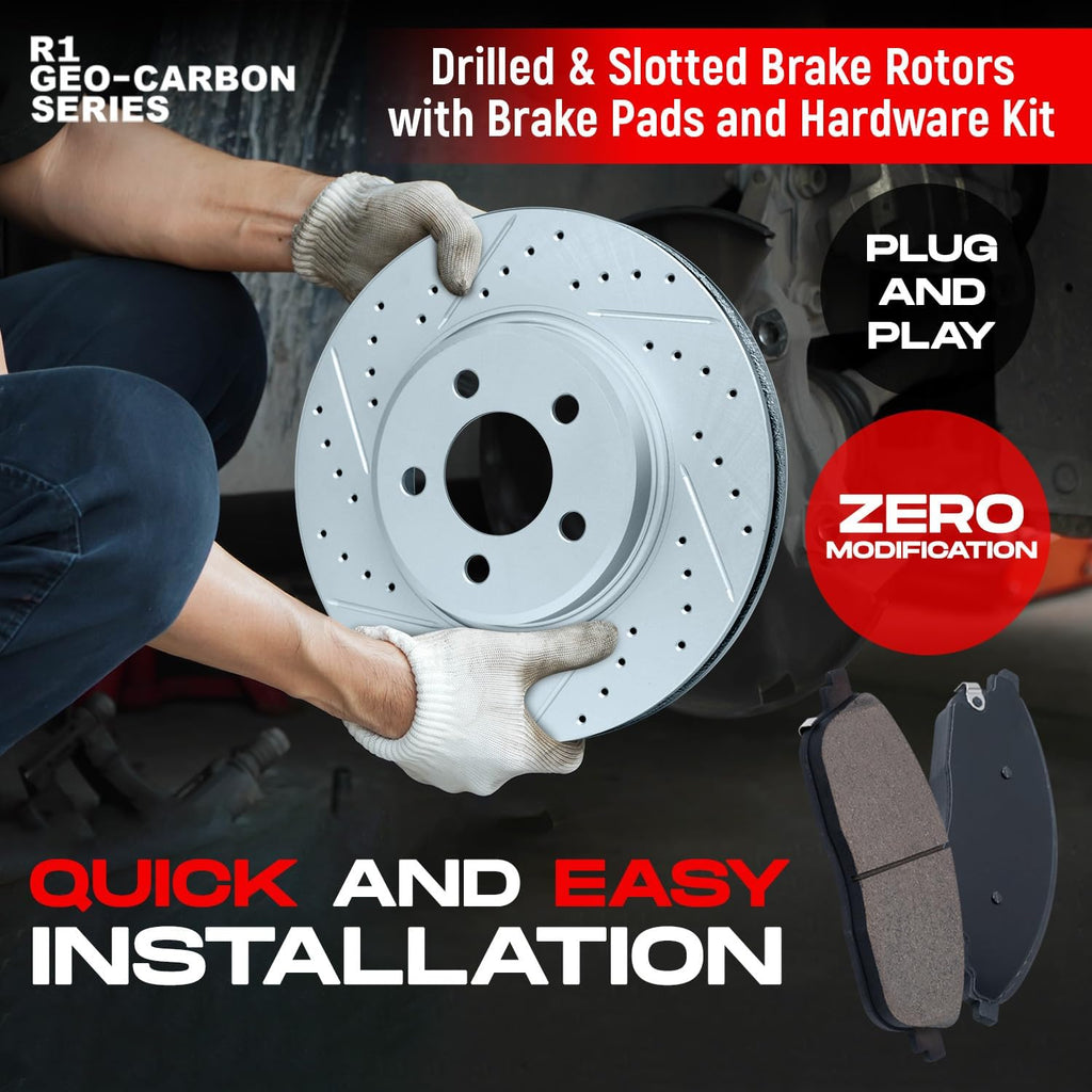 R1 Concepts Front Brake Kit Fits 2018-2022 Hyundai Kona; 2019-2022 Kia Forte; 2020-2021 Kia Forte5; 2021-2022 Kia Seltos| Ceramic Brake Pads and Drilled Slotted Brake Rotors| 11.0' Front