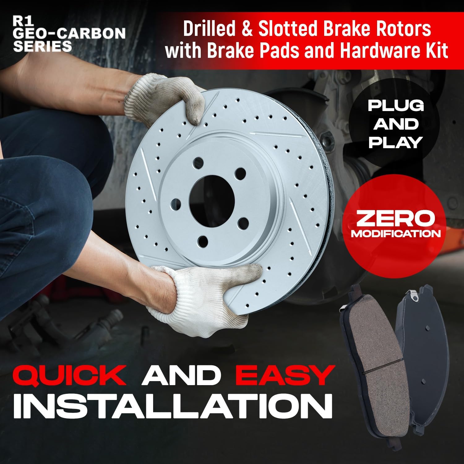 R1 Concepts Front Brake Kit Fits 2018-2022 Hyundai Kona; 2019-2022 Kia Forte; 2020-2021 Kia Forte5; 2021-2022 Kia Seltos| Ceramic Brake Pads and Drilled Slotted Brake Rotors| 11.0' Front