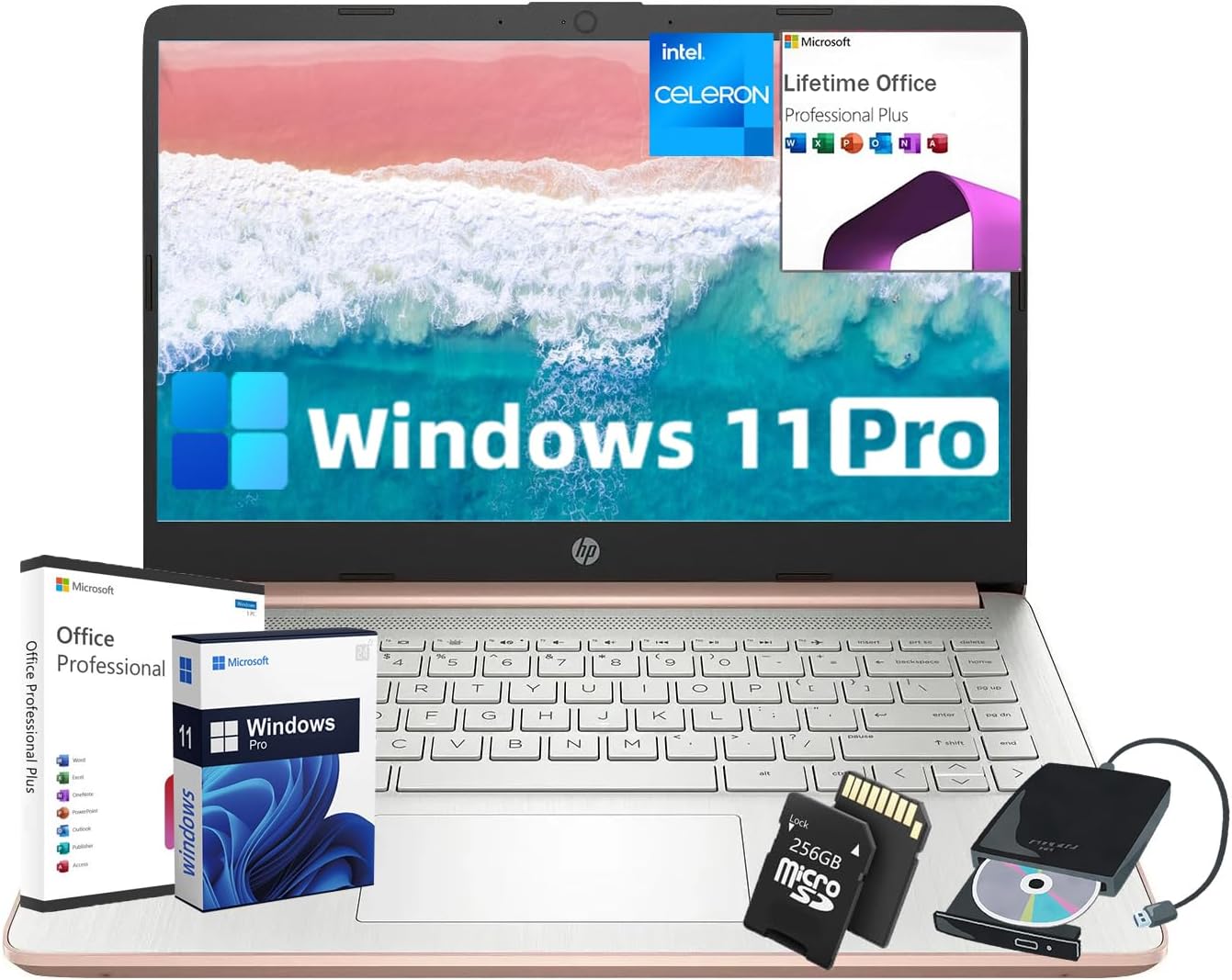 HP 14-inch Laptop for Business - Ultral Light Laptop for Student, Windows 11 Pro & Microsoft Office Lifetime & Free CD/DVD Drive, Intel Quad-Core N4120, 8GB RAM, 128GB eMMC + 256GB Micro SD, Rosegold