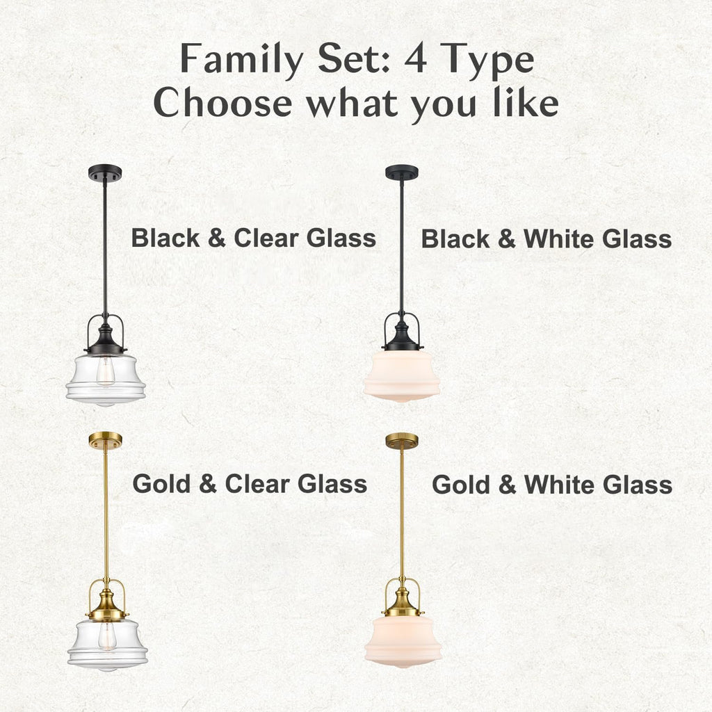 DEYNITE Industrial Farmhouse Pendant Light Clear Glass Schoolhouse Hanging Light Fixture Black, E26 Dimmable Light for Kitchen Bar Dining Bathroom Bedroom