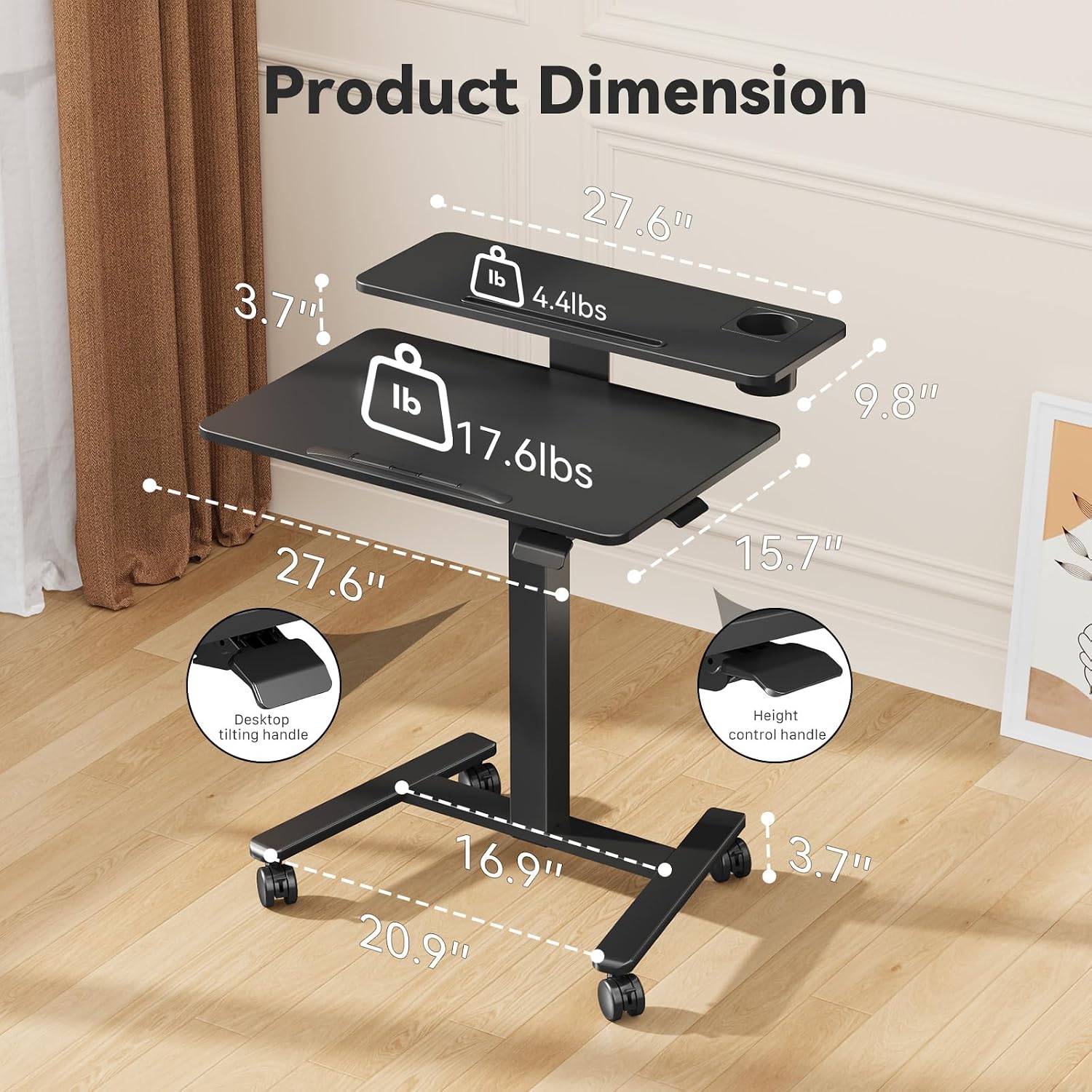 28Inch Rolling Standing Desk On Wheels， Small Computer Workstation Adjustable Height， Mobile Laptop Stand with Tiltable Desktop， 2-Tier Portable Study Table with Storage Shelves， Black