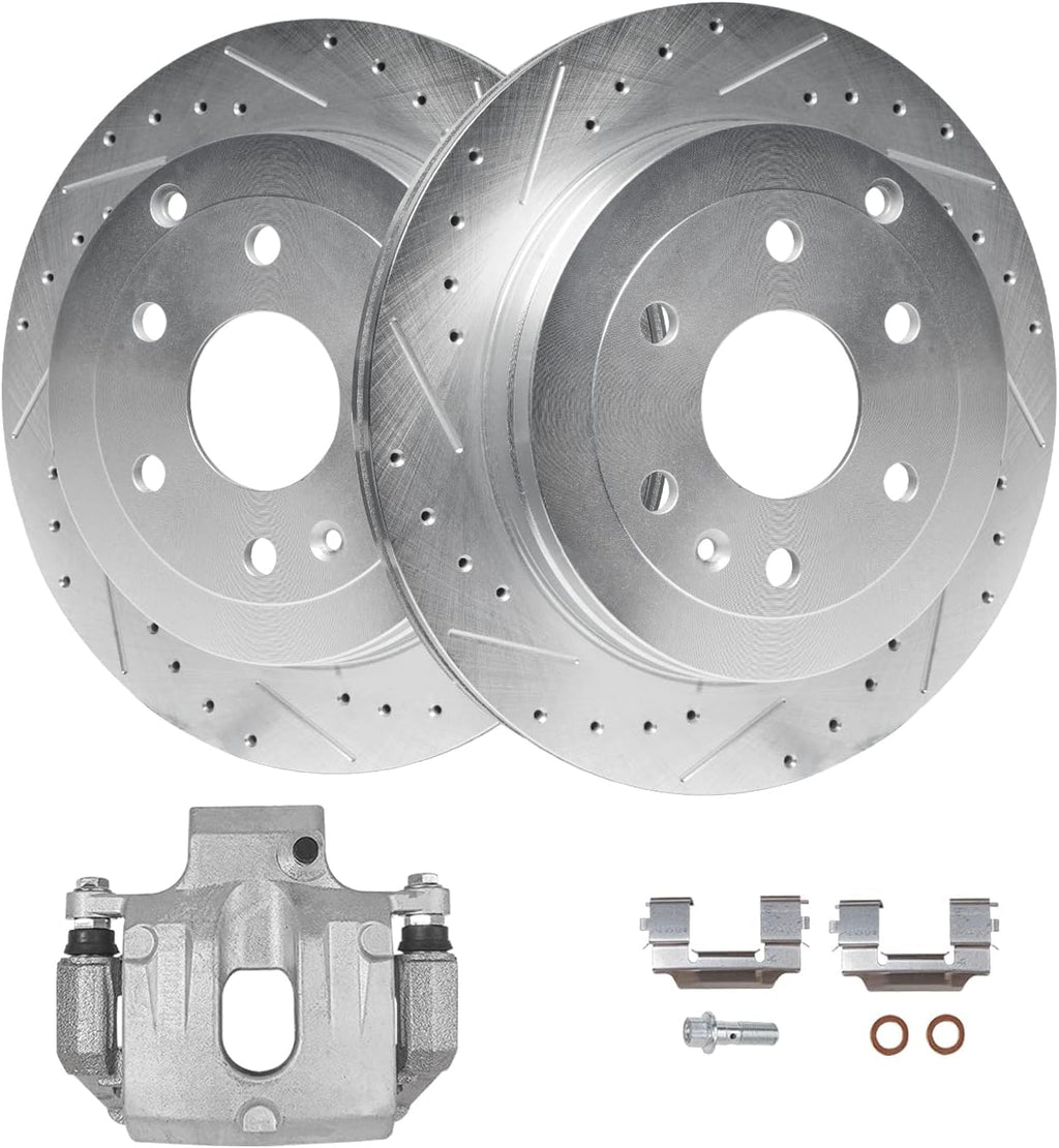 Detroit Axle - Rear Drilled Brake Rotors + Right Brake Caliper Replacement for Traverse Acadia Buick Enclave Saturn Outlook - 3pc Set