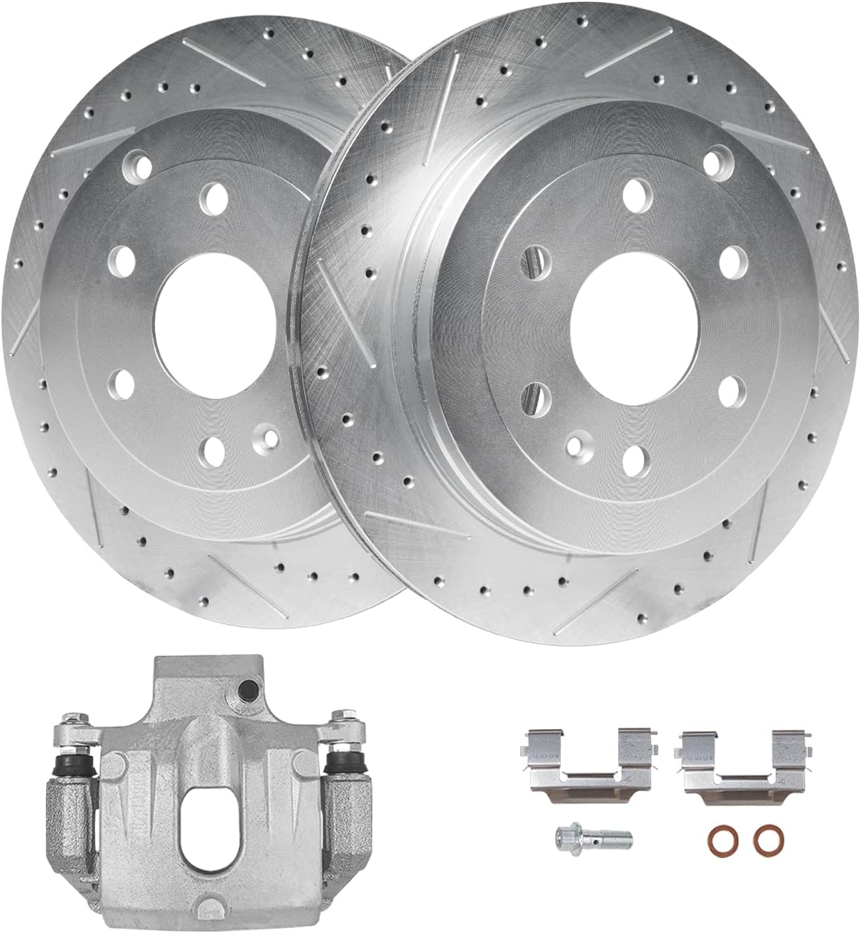 Detroit Axle - Rear Drilled Brake Rotors + Right Brake Caliper Replacement for Traverse Acadia Buick Enclave Saturn Outlook - 3pc Set