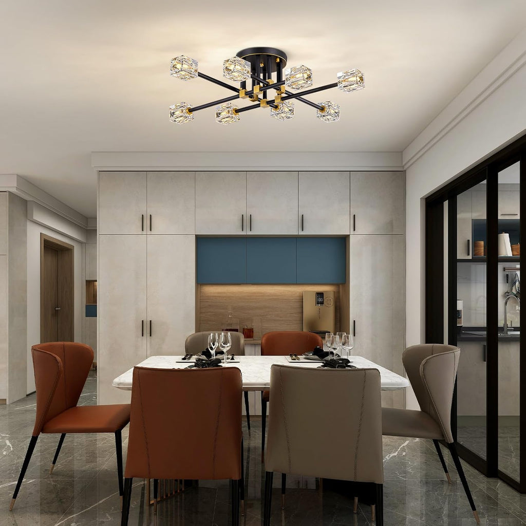 Modern Sputnik Ceiling Light Fixture with 8 Light,Black and Gold Semi Flush Mount Ceiling Light,K9 Crystal Chandeliers for Bedroom, Dining Room, Kitchen Island, Living Room