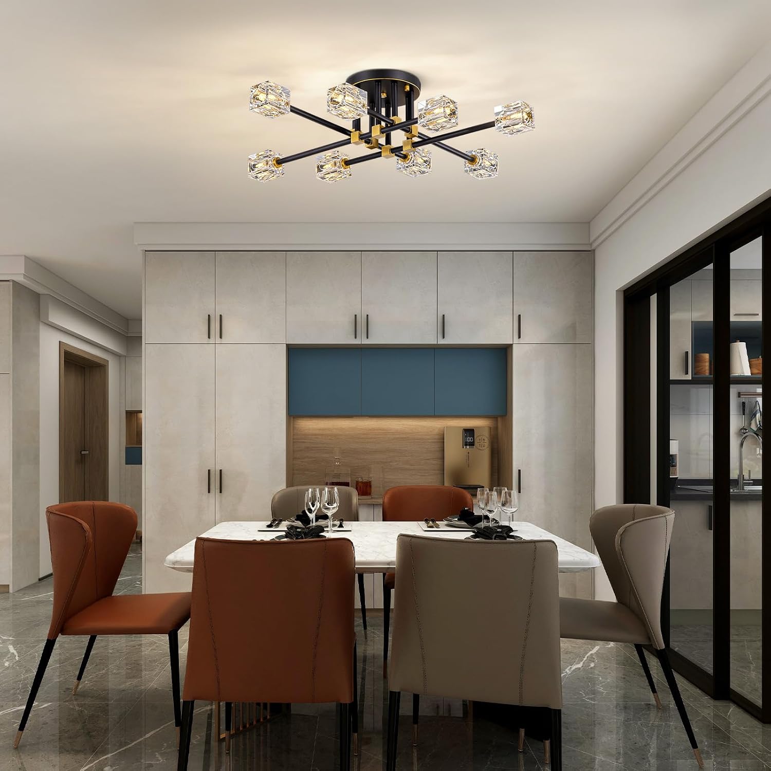Modern Sputnik Ceiling Light Fixture with 8 Light,Black and Gold Semi Flush Mount Ceiling Light,K9 Crystal Chandeliers for Bedroom, Dining Room, Kitchen Island, Living Room