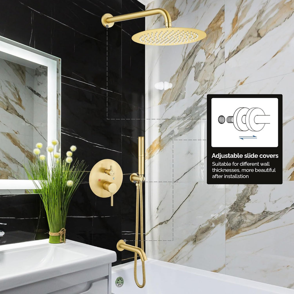 Airuida 3-Function Rain Shower System Set – Wall Mount Tub Shower Combo with Handheld Shower and Tub Spout,12 Inch Shower Head,Brushed Gold