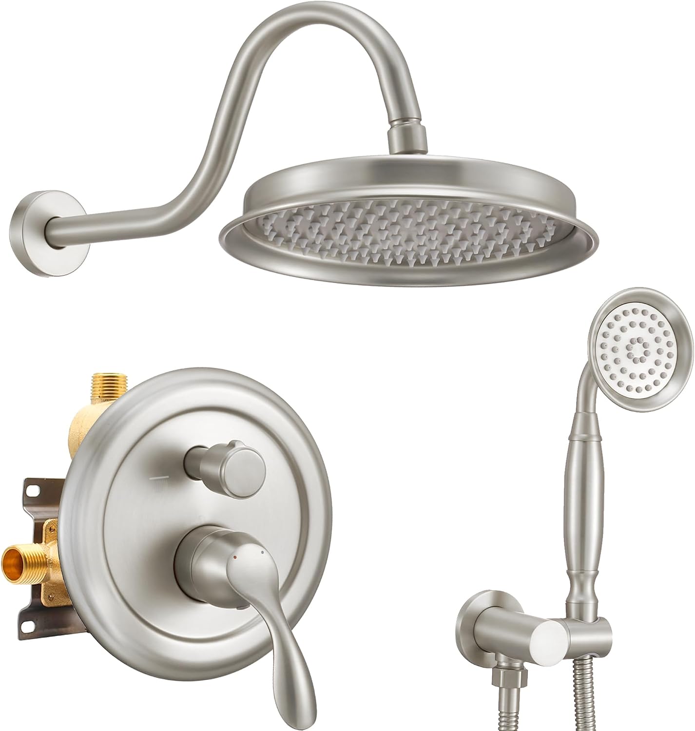 DASAN Brushed Nickel Rain Shower System Complete Antique Shower Faucet Sets, Shower Fixtures Combo Set with Pressure Balance Valve, Trim Kit, 9'' Rainfall Overhead Shower & Handheld, AT209W-BN