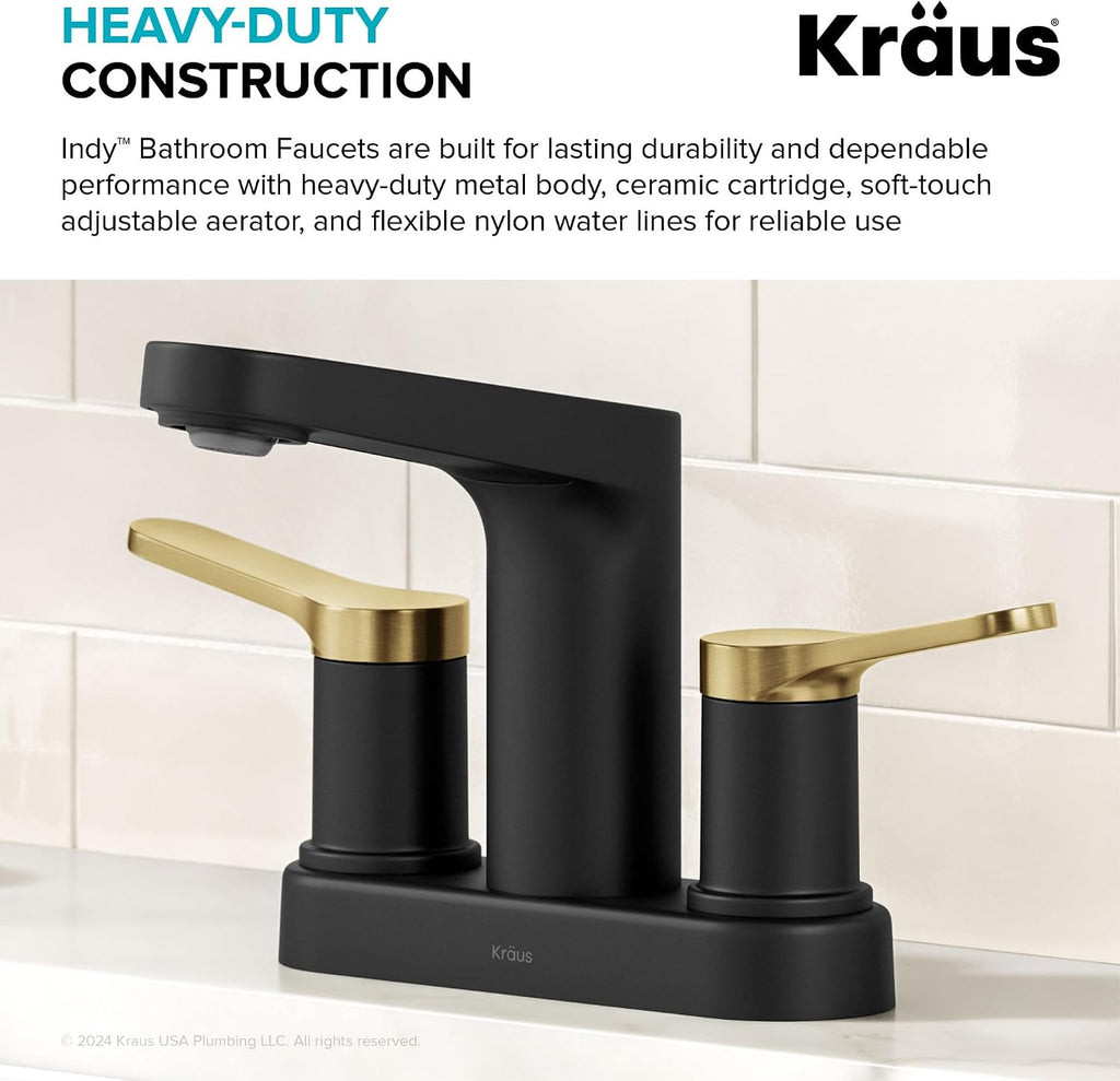 KRAUS Indy Centerset Bathroom Faucet in Spot-Free Brushed Brass/Matte Black with 2 Handles, Pop Up Drain and Supply Lines, FUS-14102SFBBMB