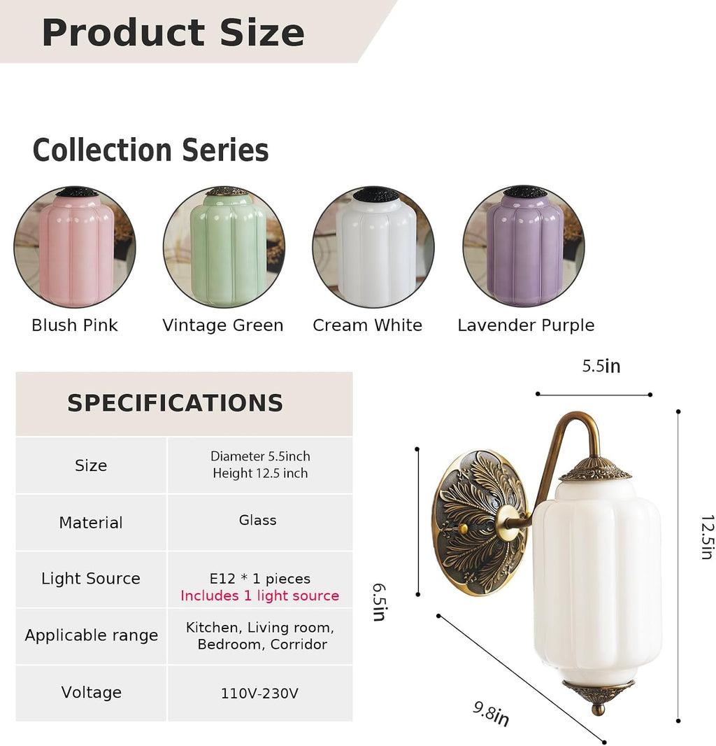 2-Pack Antique Gold Milk Glass Wall Sconce - Vintage Green Shade & Brass Finish Base - Indoor Wall Lighting Fixture for Living Room, Bedroom, Bathroom, Hallway, Entryway (2 Pack/White)