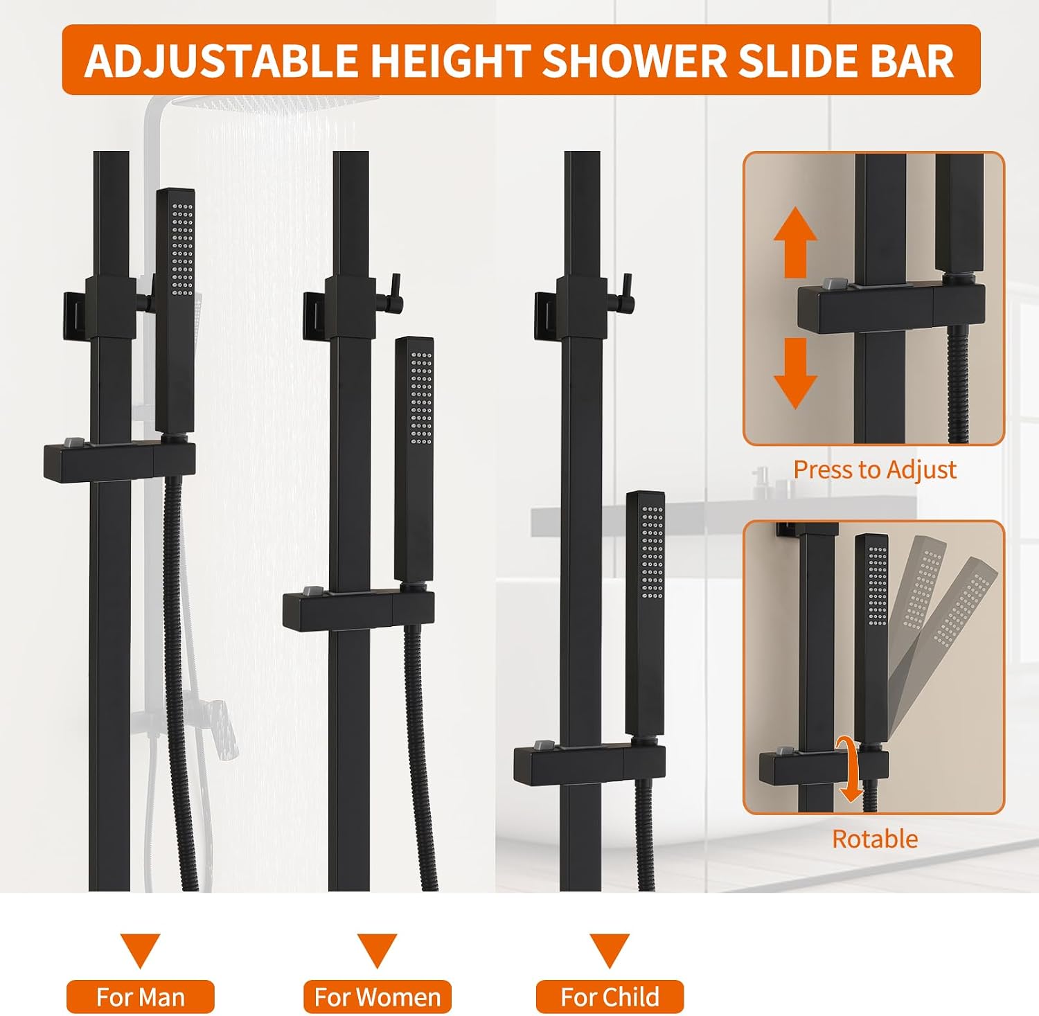 Exposed Shower System with Rain Shower and Handheld Sprayer, Outdoor Shower Fixture with Tub Spout, Rainfall Showerhead Faucet Combo Set for Bathroom Height Adjustable Shower Mixer Matte Black