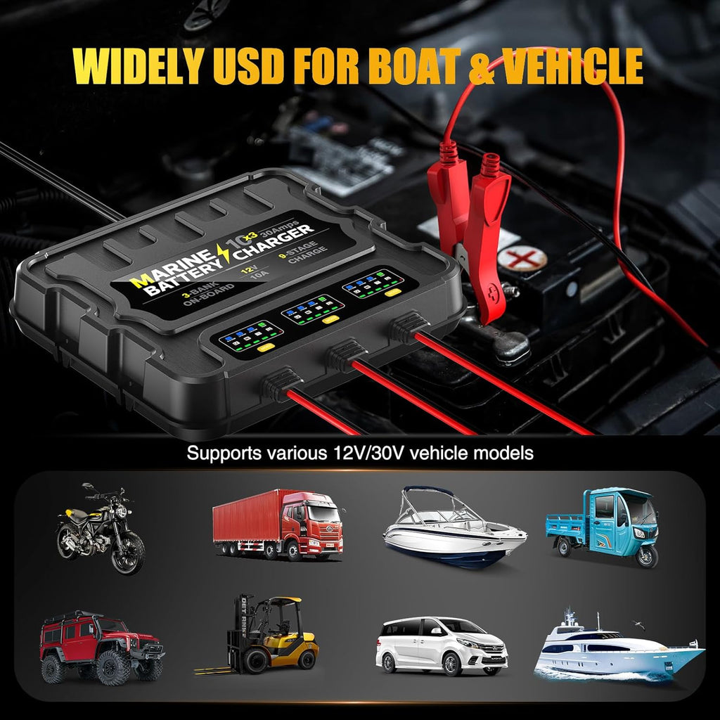 3 Bank Marine Battery Charger 30A (10A/Bank) 10X3, 12V,Waterproof,lifepo4 Boat Battery Charger Maintainer and Desulfator for AGM, Lithium,Deep-Cycle Batteries Boat Accessories