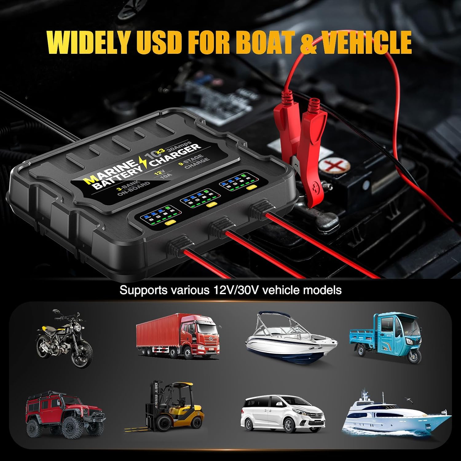 3 Bank Marine Battery Charger 30A (10A/Bank) 10X3, 12V,Waterproof,lifepo4 Boat Battery Charger Maintainer and Desulfator for AGM, Lithium,Deep-Cycle Batteries Boat Accessories