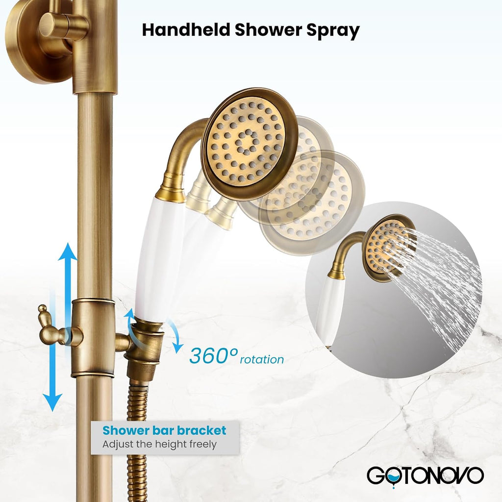 gotonovo Bathroom Exposed Shower Faucet Outdoor Shower System 8 Inch Rainfall Shower Head Set with Tub Spout and Handheld Spray Double Cross Handles Wall Mount without Shower Shelf Antique Brass