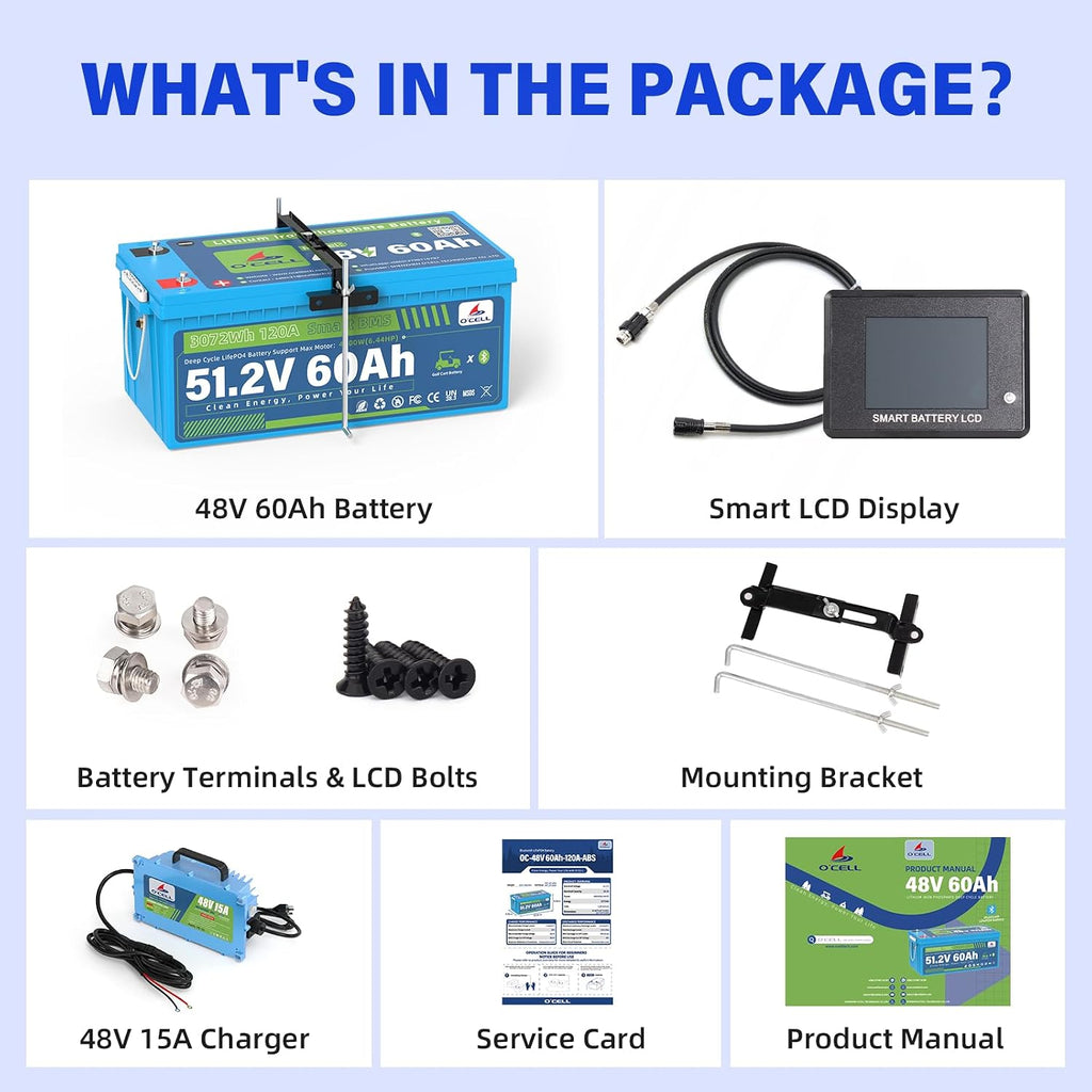 48V (58.4V) 60Ah LiFePO4 Golf Cart Battery - 4.8kW(6.44HP), 200A BMS, Bluetooth/LCD, 58.4V 15A IP67 Charger, Mounting Bracket | 10 Years Lifespan Fits Club Car, EZ-GO, Lawn Mower,Trolling Motors,Solar