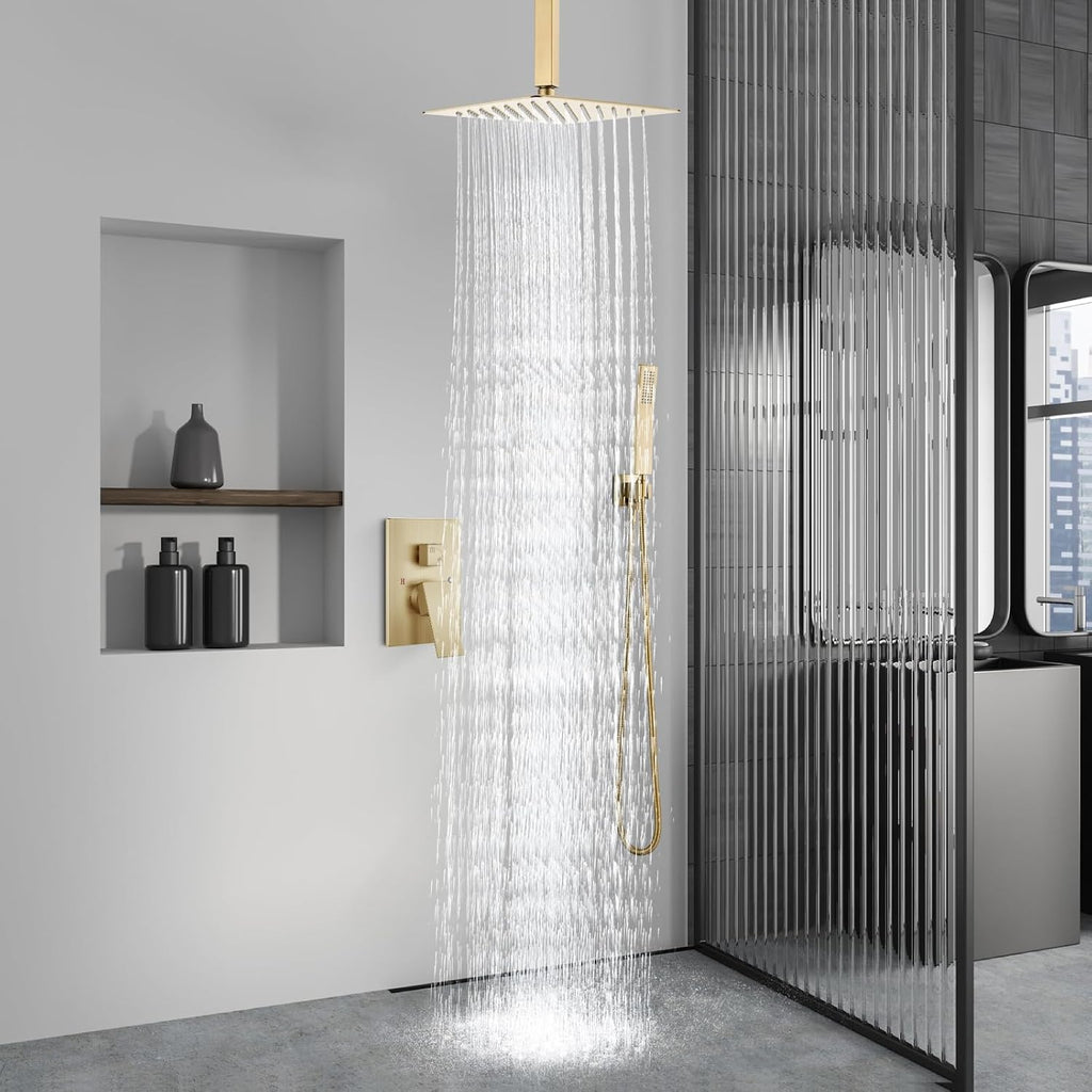 Aolemi Ceiling Mount Shower System Rain Shower Head with Handheld Spray High Pressure Shower Faucet Set Rough-in Valve Shower Trim Kit Included Bathroom Brused Gold 12 Inch Ceiling Shower Head