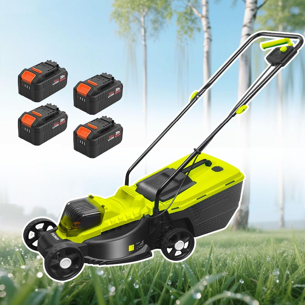 Electric Cordless Push Lawn Mower with 40L Grass Box, Grass Catcher for Lawn Care and Garden, 30/50/70 Mm Adjustable Cutting Height, Cutting Width 330mm, Fast Charger Included,Battery*4