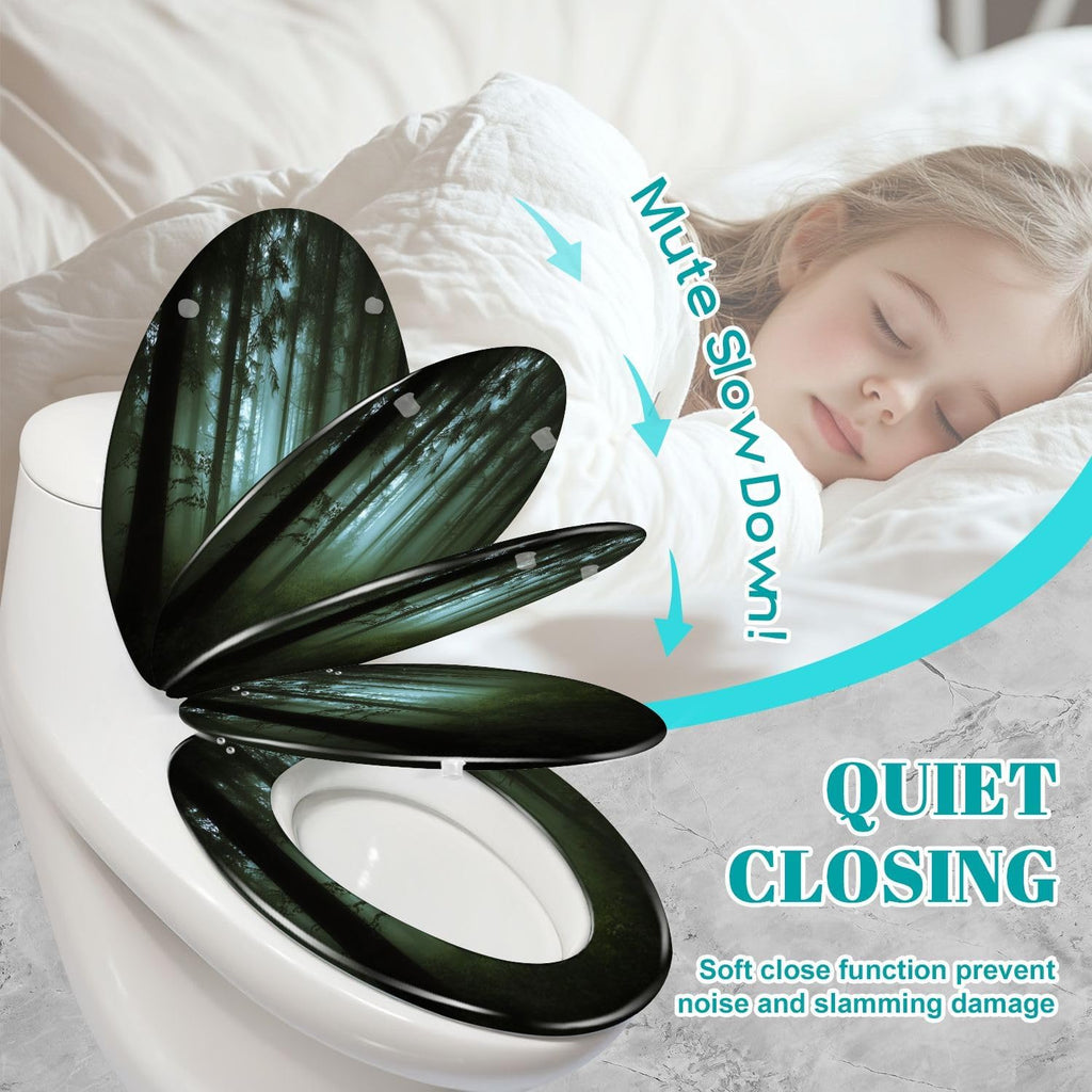 Elongated Toilet Seat green forest fog morning Resin Toilet Seat Slow Quiet Close Lid with Quick-Release Hinges Cover Bumpers Easy to Clean Install