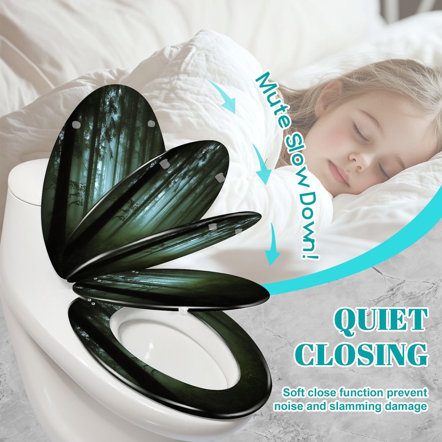 Elongated Toilet Seat green forest fog morning Resin Toilet Seat Slow Quiet Close Lid with Quick-Release Hinges Cover Bumpers Easy to Clean Install