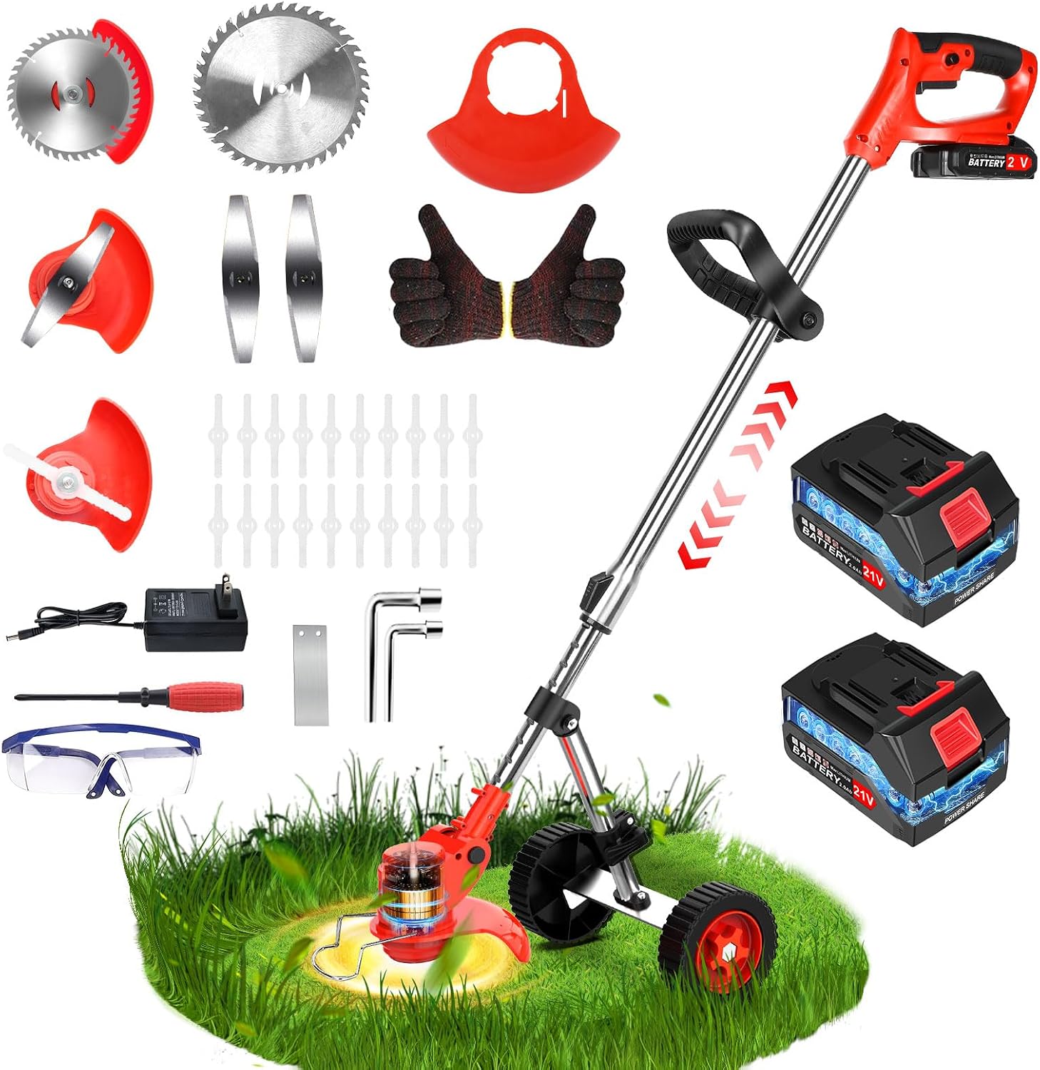Electric Weed Wacker Cordless Weed Eater Battery Powered 21V, 4-in-1 Brush Cutter/String Trimmer/Grass Trimmer/Lawn Mower, 6 inch Edger Stringless Weed Trimmer with Wheel & Blade, 2 Battery(Red)