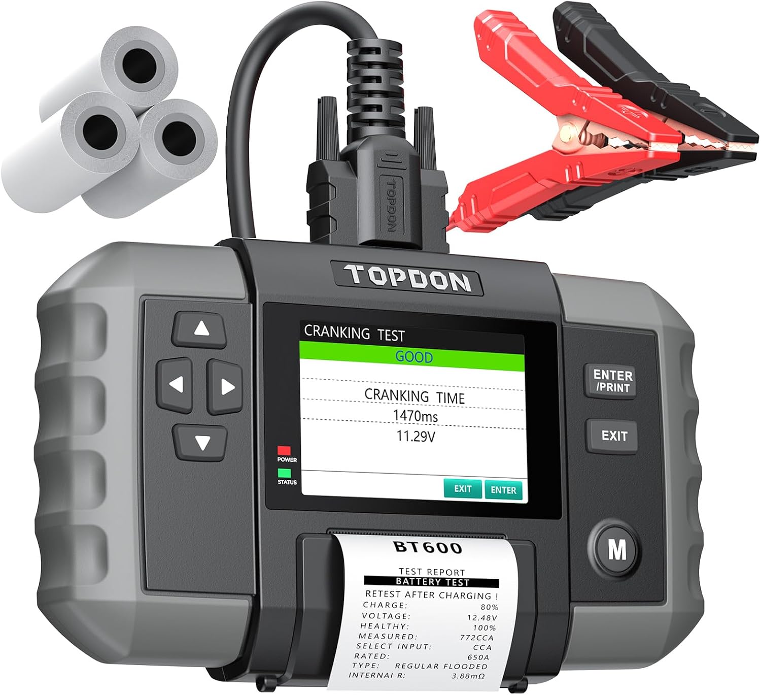 Car Battery Tester, TOPDON BT600 12V, 12V/24V Cranking Tests and Charging Alternator Load 100-2000CCA Digital Battery Voltage Tester, 3.5' Screen with Built-in Printer